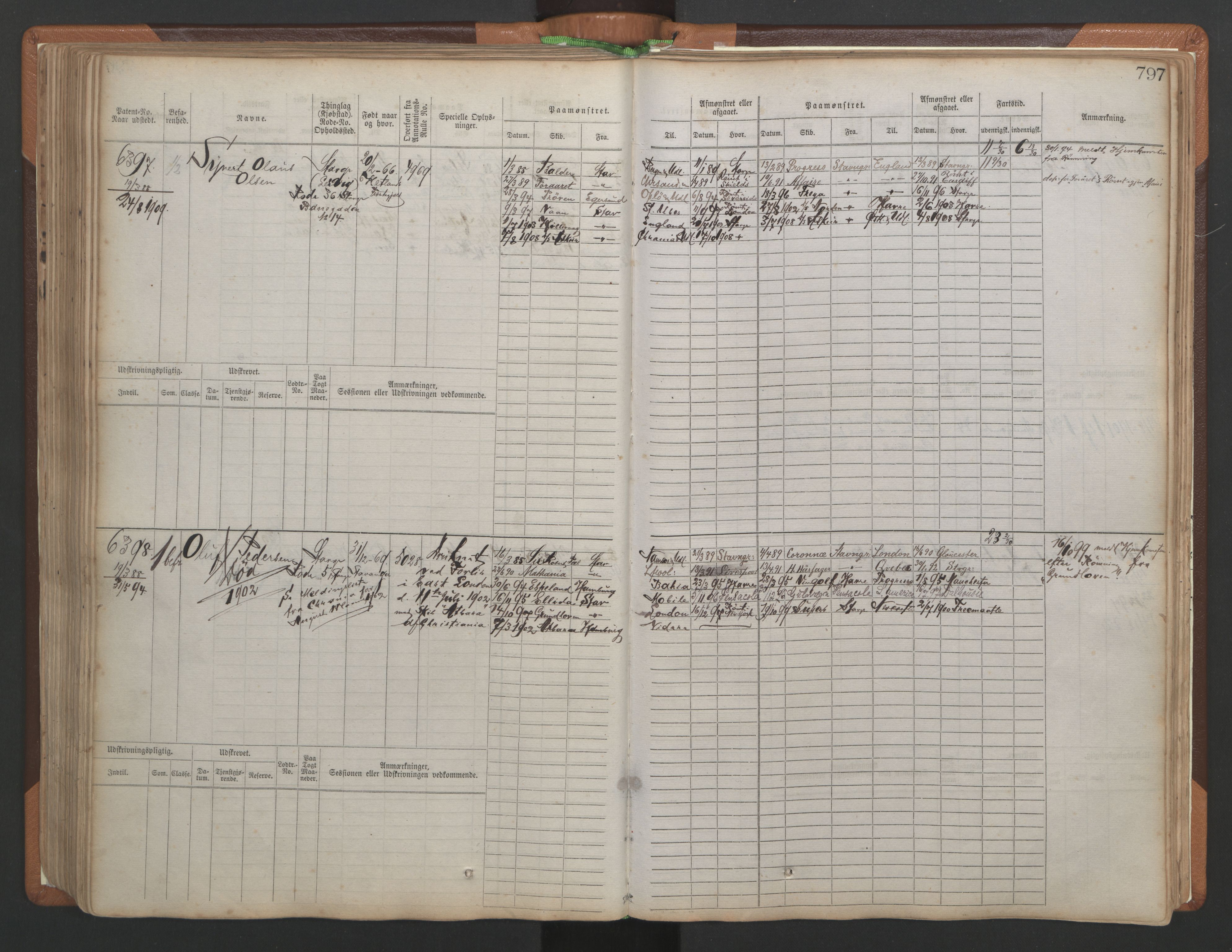 Stavanger sjømannskontor, AV/SAST-A-102006/F/Fb/Fbb/L0010: Sjøfartshovedrulle, patentnr. 6007-6606 (del 1), 1887-1896, p. 201