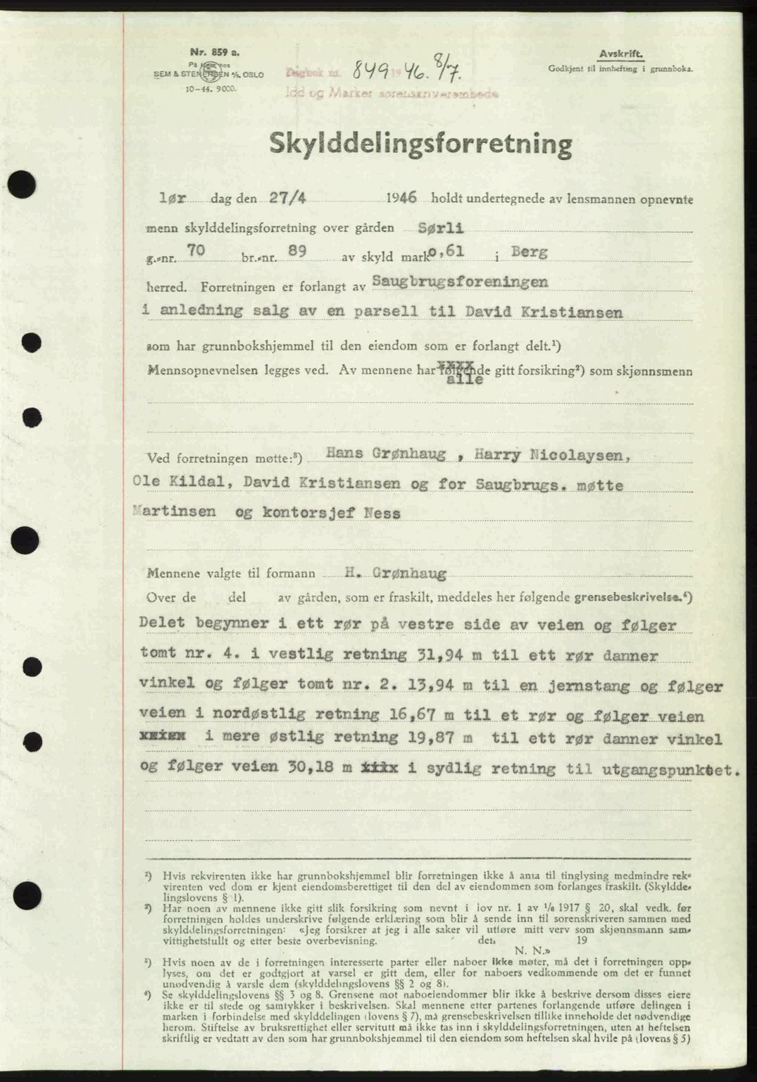 Idd og Marker sorenskriveri, AV/SAO-A-10283/G/Gb/Gbb/L0008: Mortgage book no. A8, 1946-1946, Diary no: : 849/1946