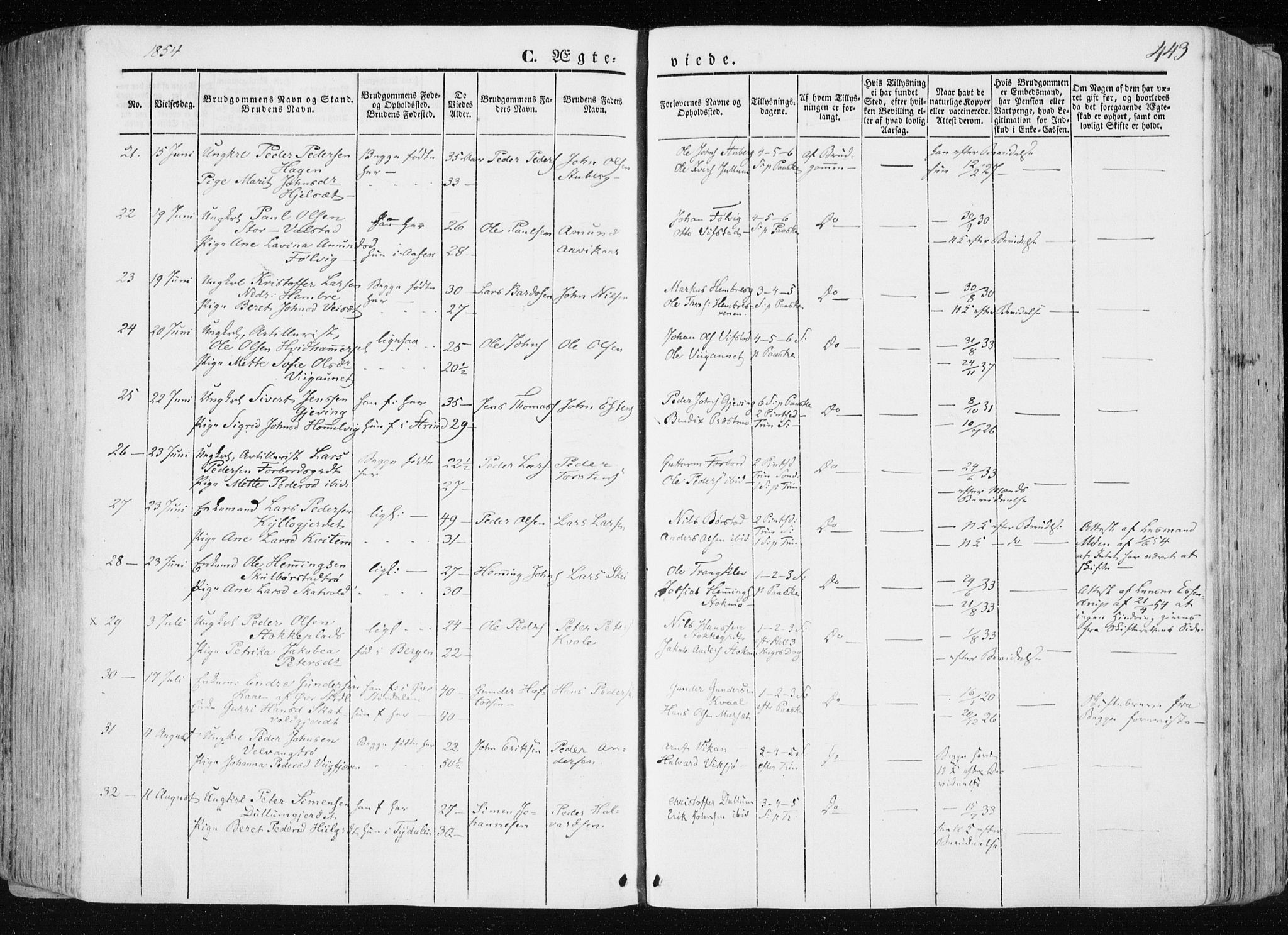 Ministerialprotokoller, klokkerbøker og fødselsregistre - Nord-Trøndelag, SAT/A-1458/709/L0074: Parish register (official) no. 709A14, 1845-1858, p. 443