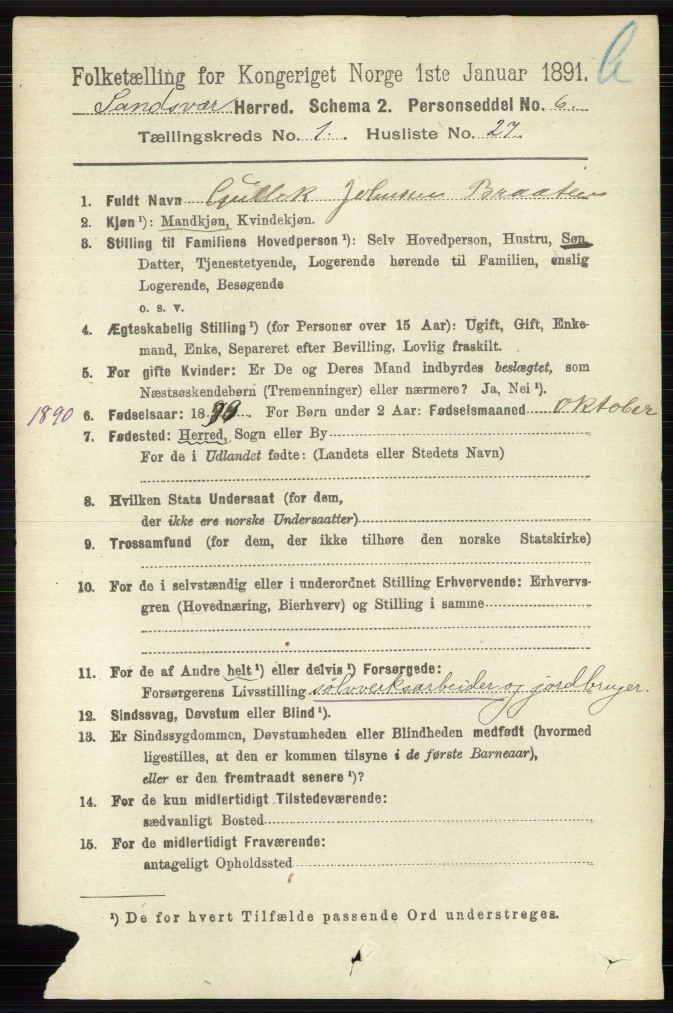 RA, 1891 census for 0629 Sandsvær, 1891, p. 5709