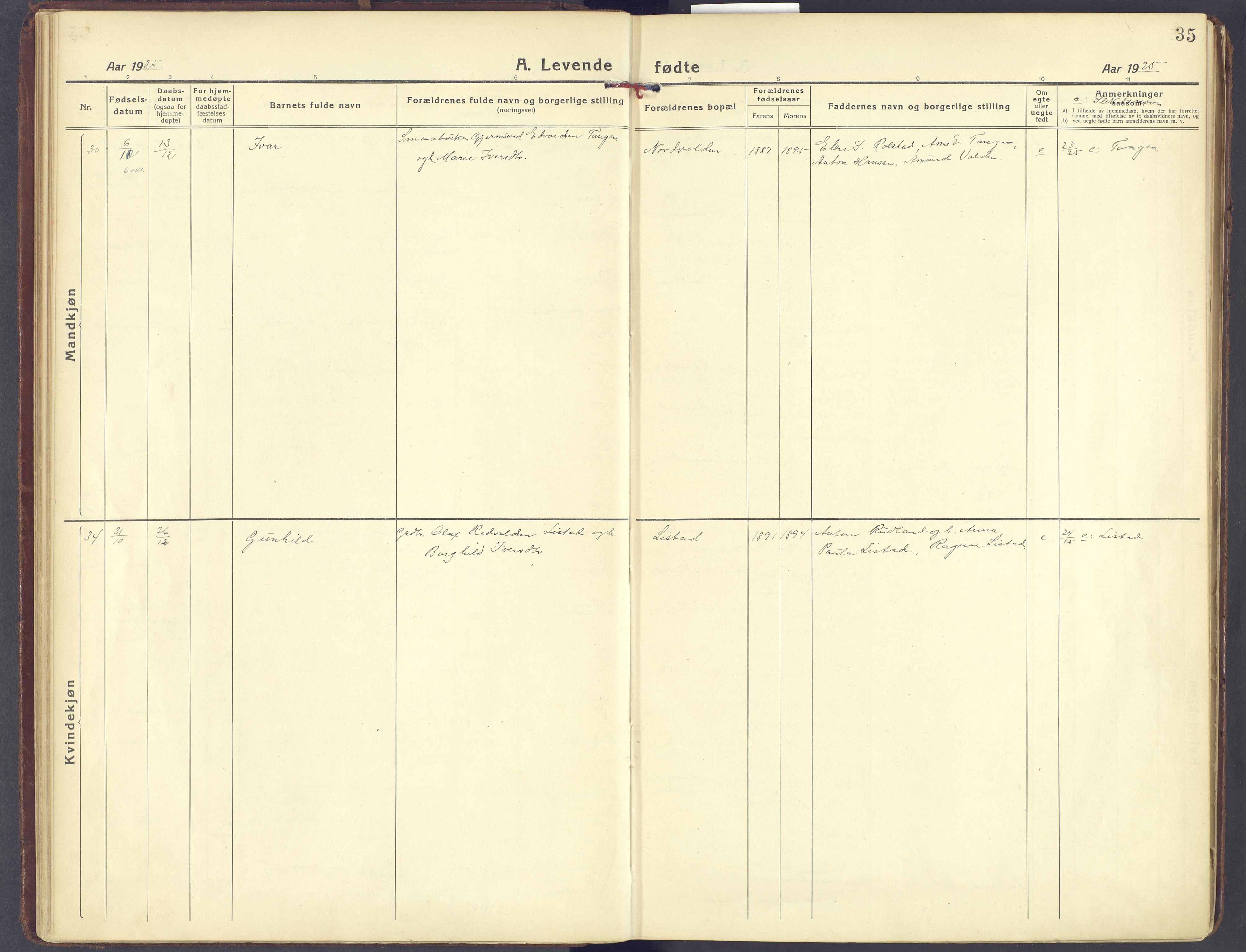 Sør-Fron prestekontor, SAH/PREST-010/H/Ha/Haa/L0005: Parish register (official) no. 5, 1920-1933, p. 35