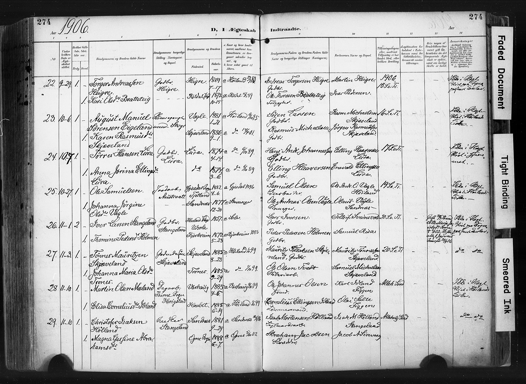 Høyland sokneprestkontor, AV/SAST-A-101799/001/30BA/L0015: Parish register (official) no. A 14, 1899-1911, p. 274