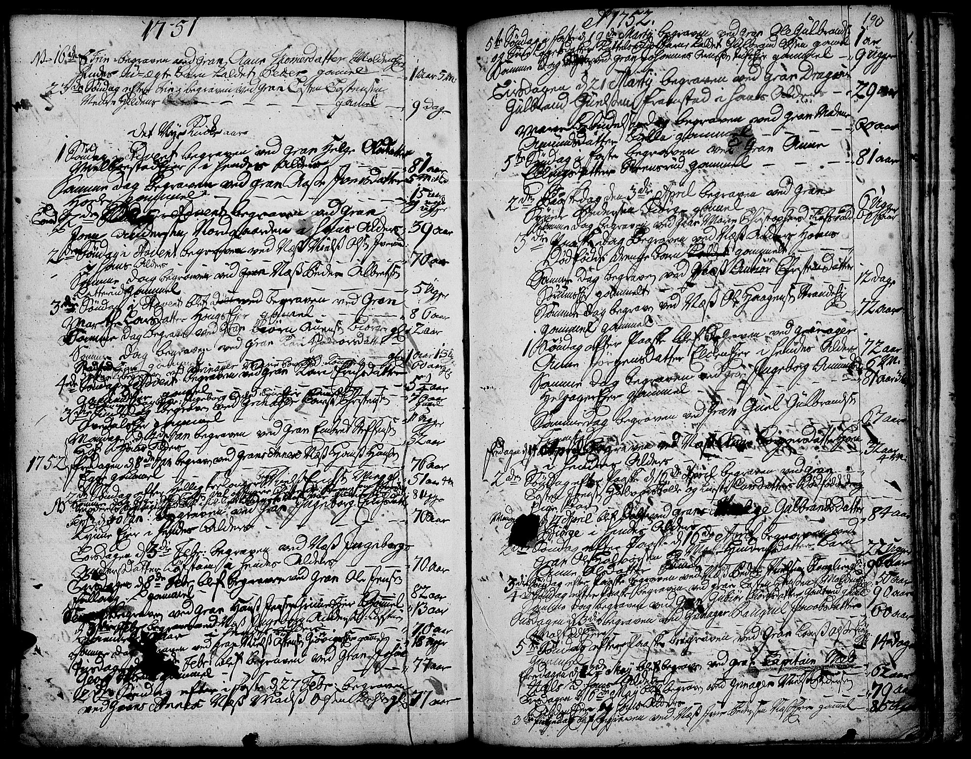 Gran prestekontor, SAH/PREST-112/H/Ha/Haa/L0003: Parish register (official) no. 3, 1745-1758, p. 190