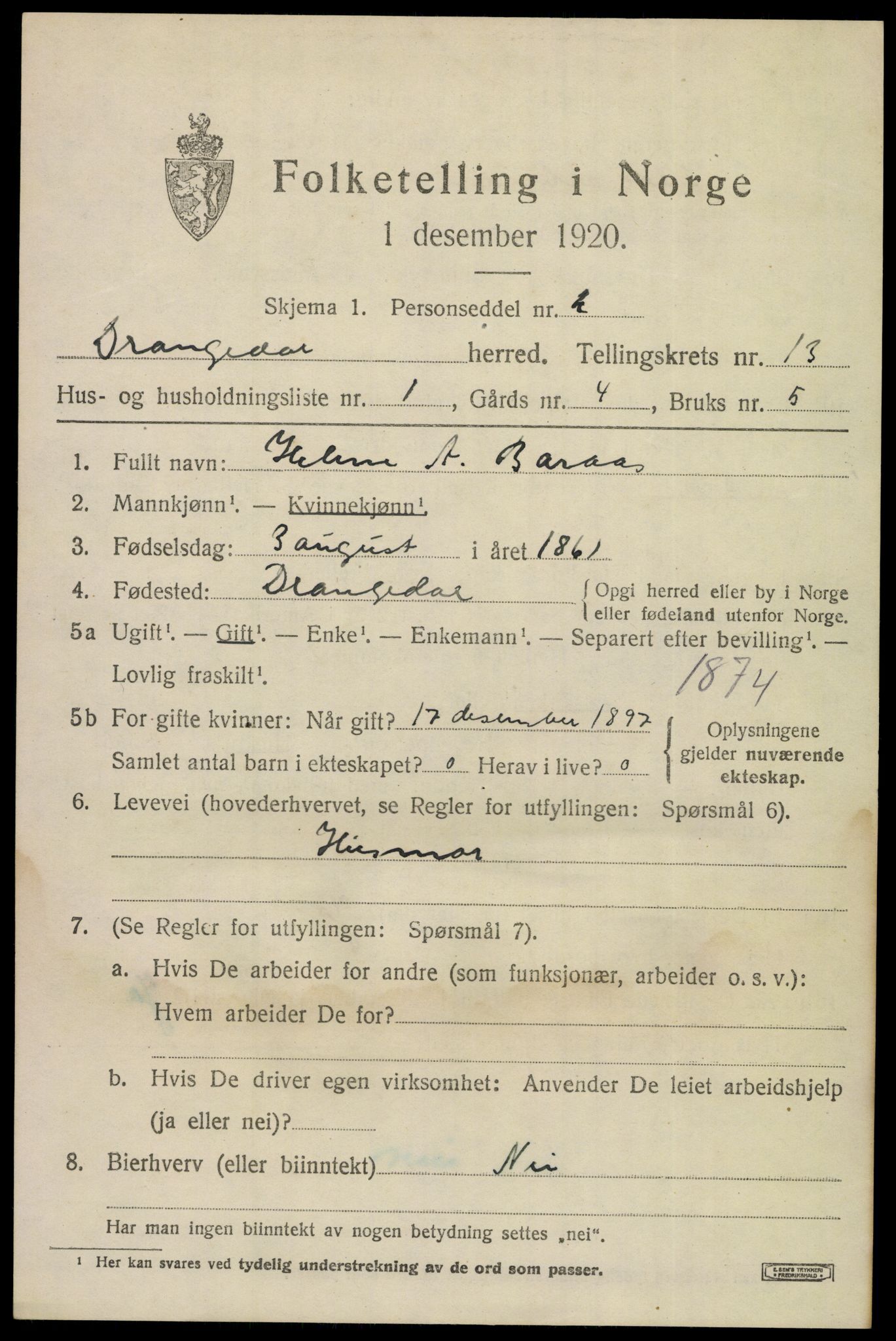 SAKO, 1920 census for Drangedal, 1920, p. 7285