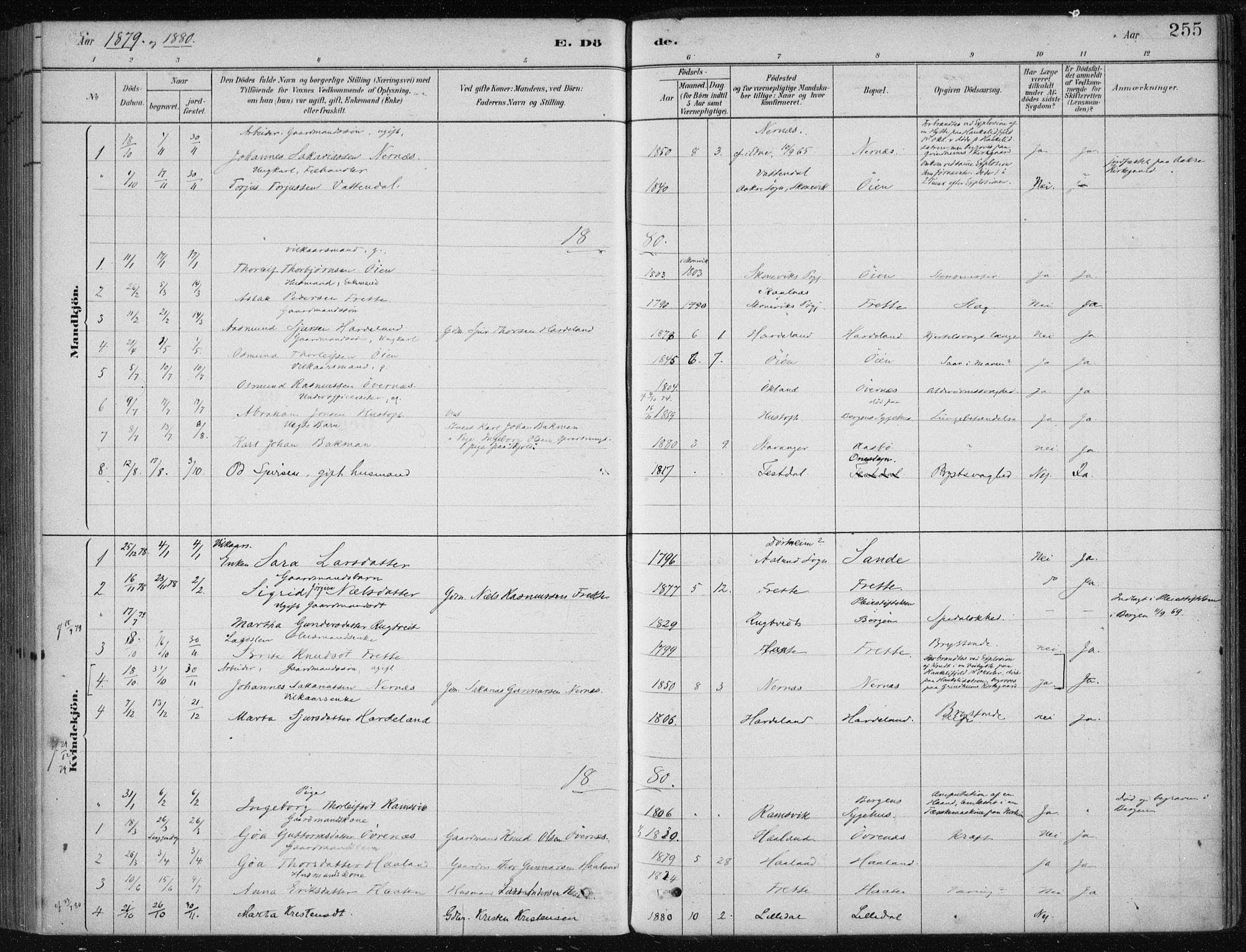 Etne sokneprestembete, SAB/A-75001/H/Haa: Parish register (official) no. D  1, 1879-1919, p. 255