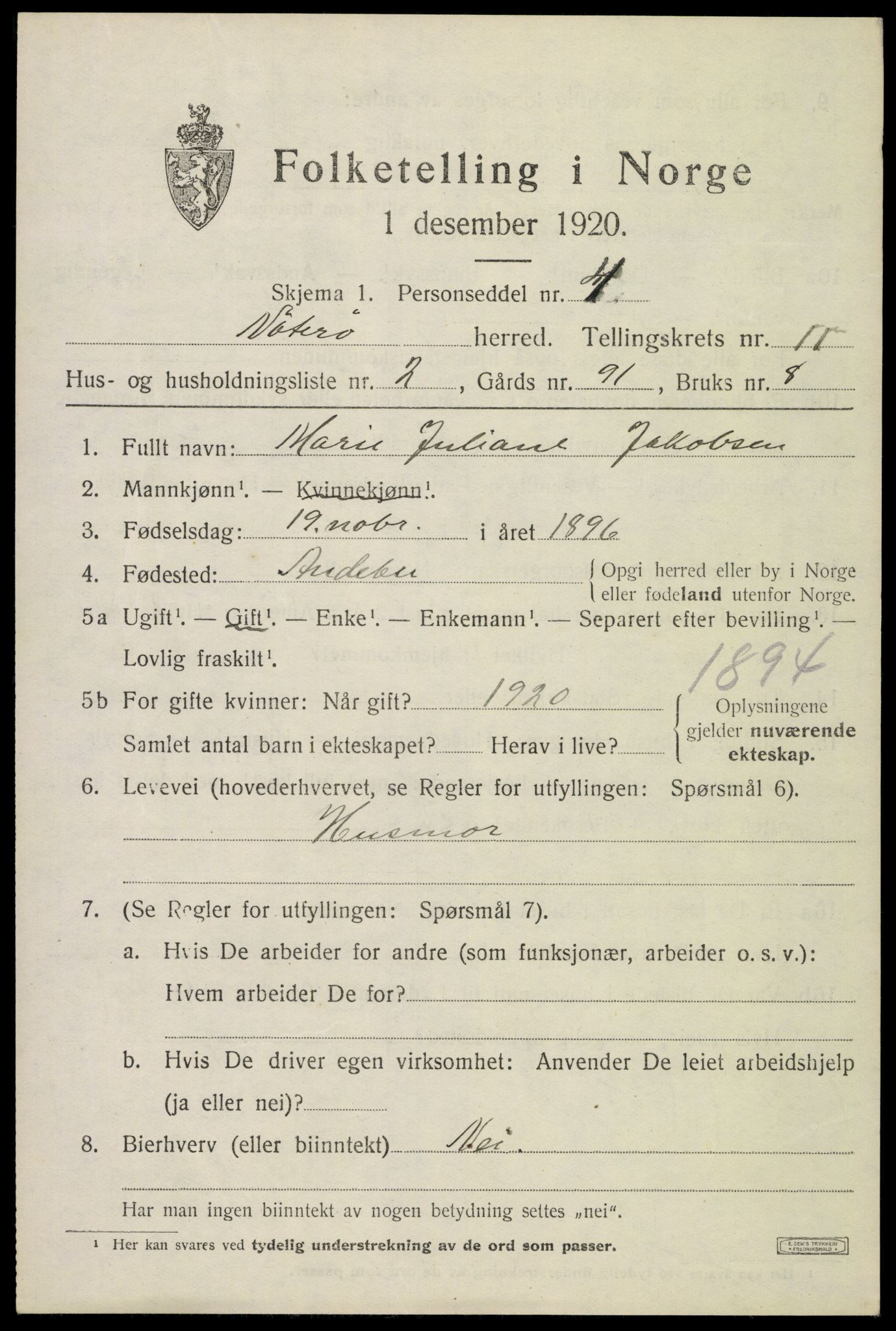 SAKO, 1920 census for Nøtterøy, 1920, p. 13585