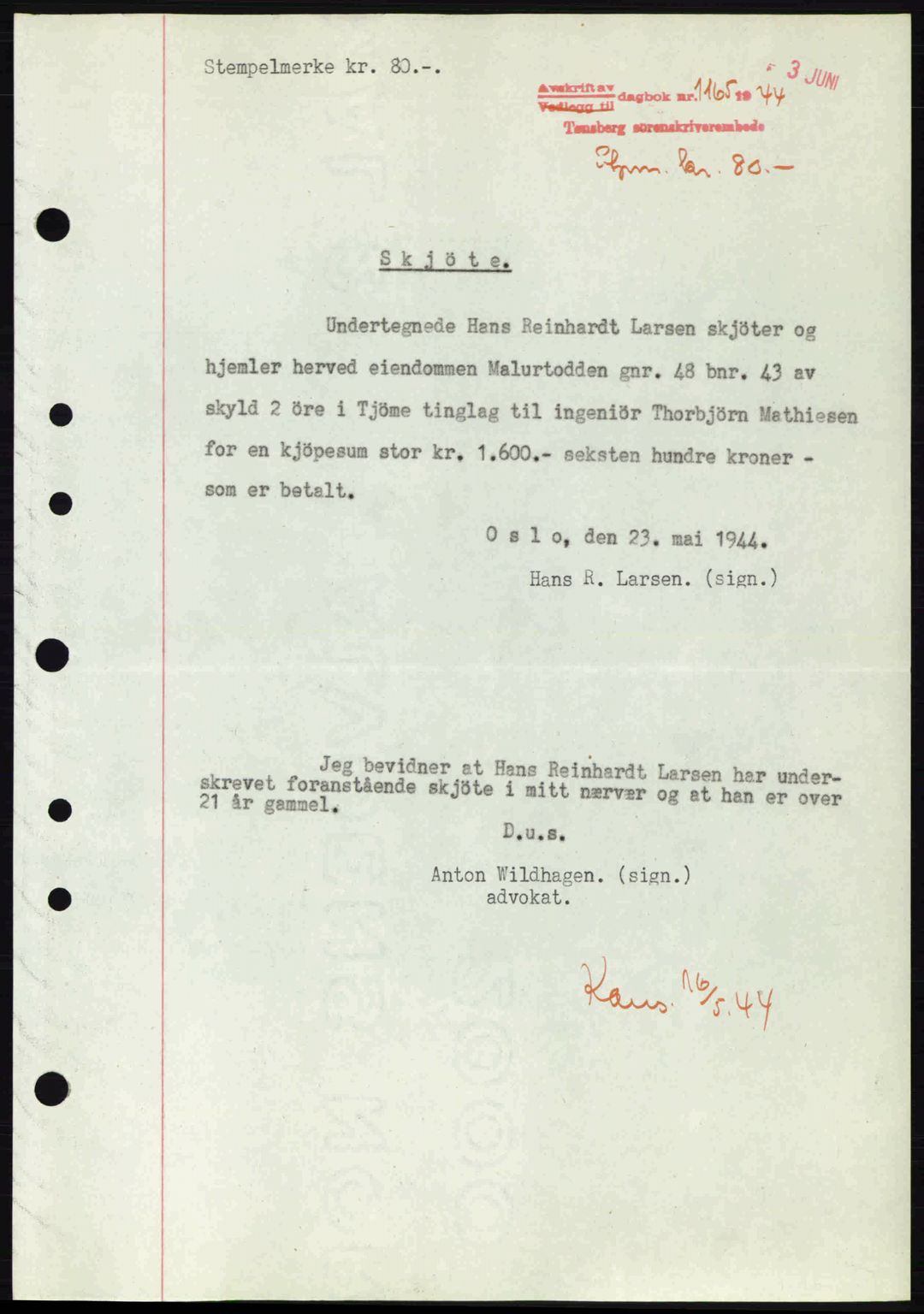 Tønsberg sorenskriveri, AV/SAKO-A-130/G/Ga/Gaa/L0015: Mortgage book no. A15, 1944-1944, Diary no: : 1165/1944