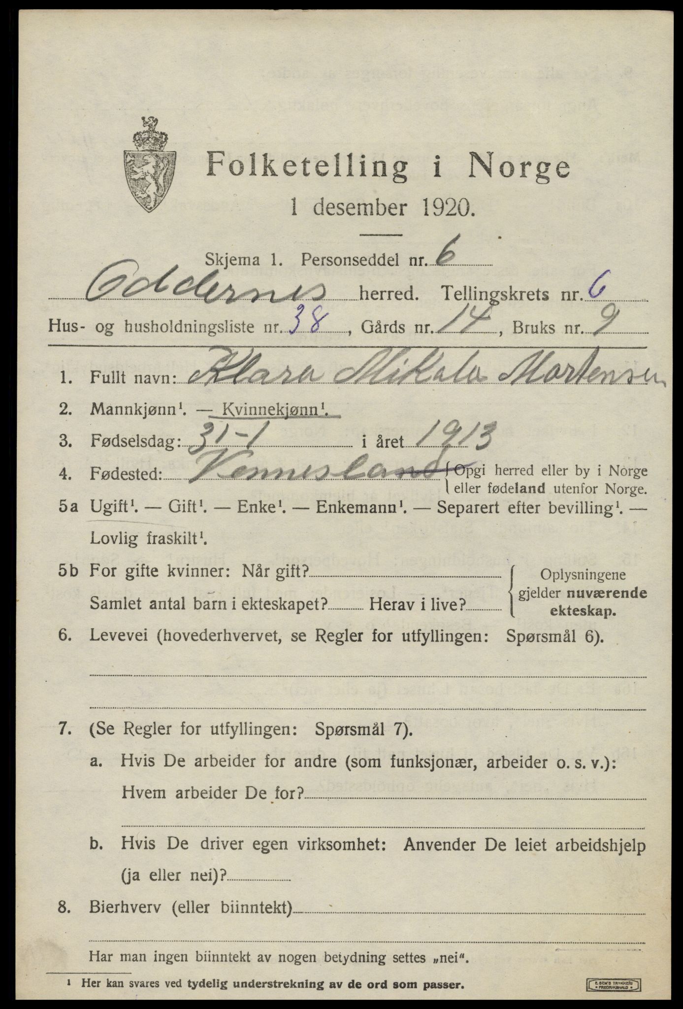 SAK, 1920 census for Oddernes, 1920, p. 5381