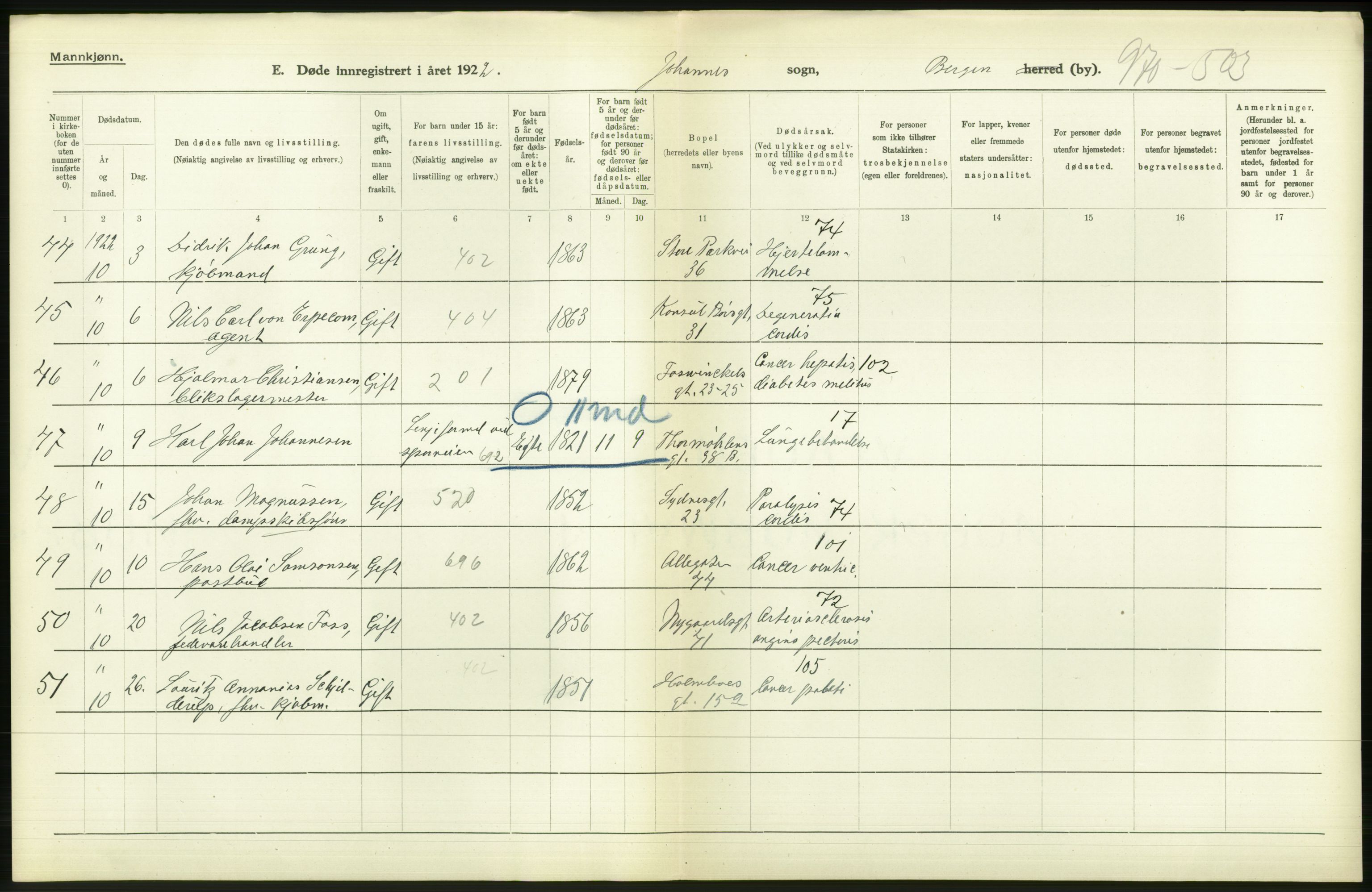 Statistisk sentralbyrå, Sosiodemografiske emner, Befolkning, AV/RA-S-2228/D/Df/Dfc/Dfcb/L0030: Bergen: Gifte, døde, dødfødte., 1922, p. 652