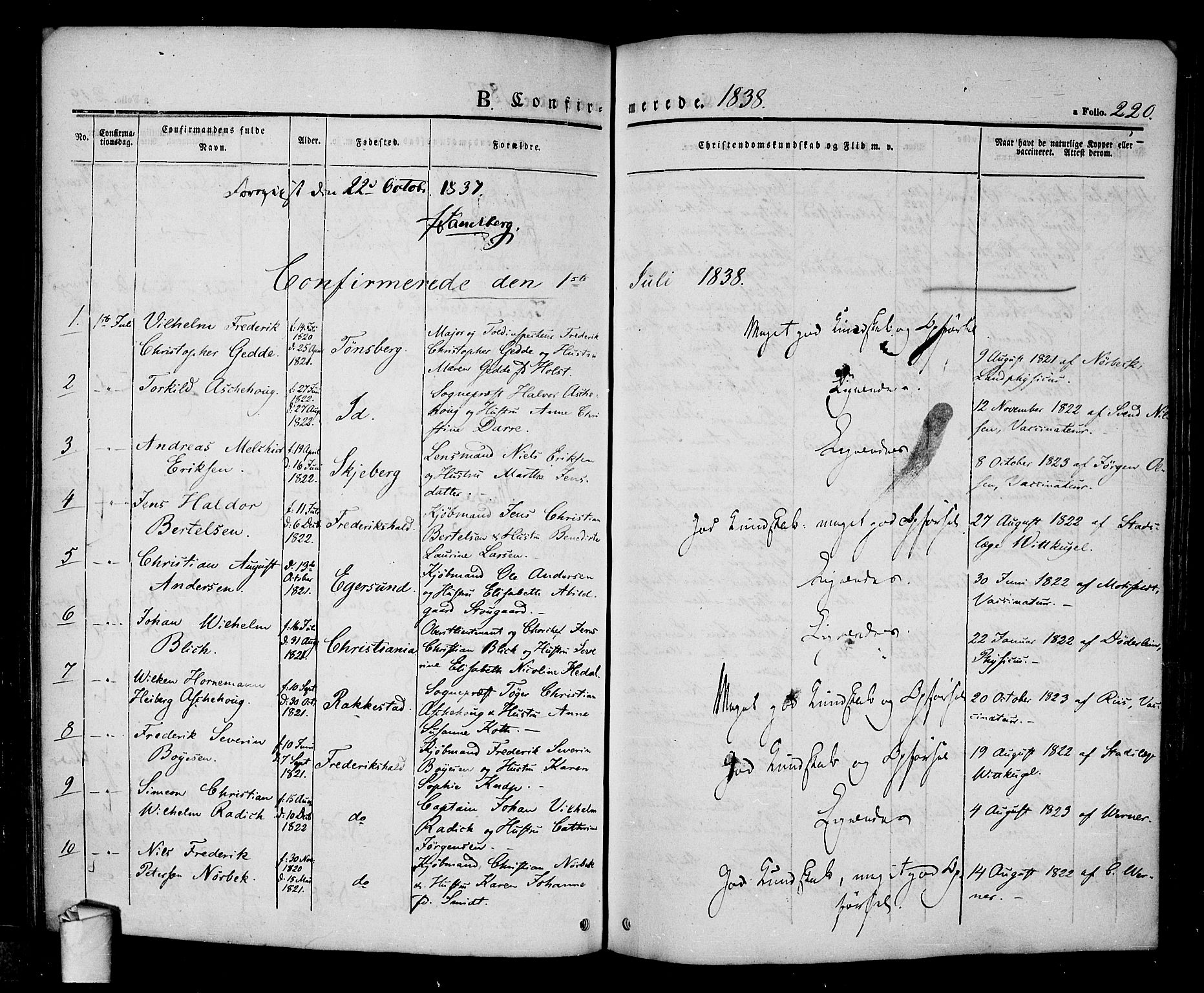 Halden prestekontor Kirkebøker, SAO/A-10909/F/Fa/L0005: Parish register (official) no. I 5, 1834-1845, p. 220