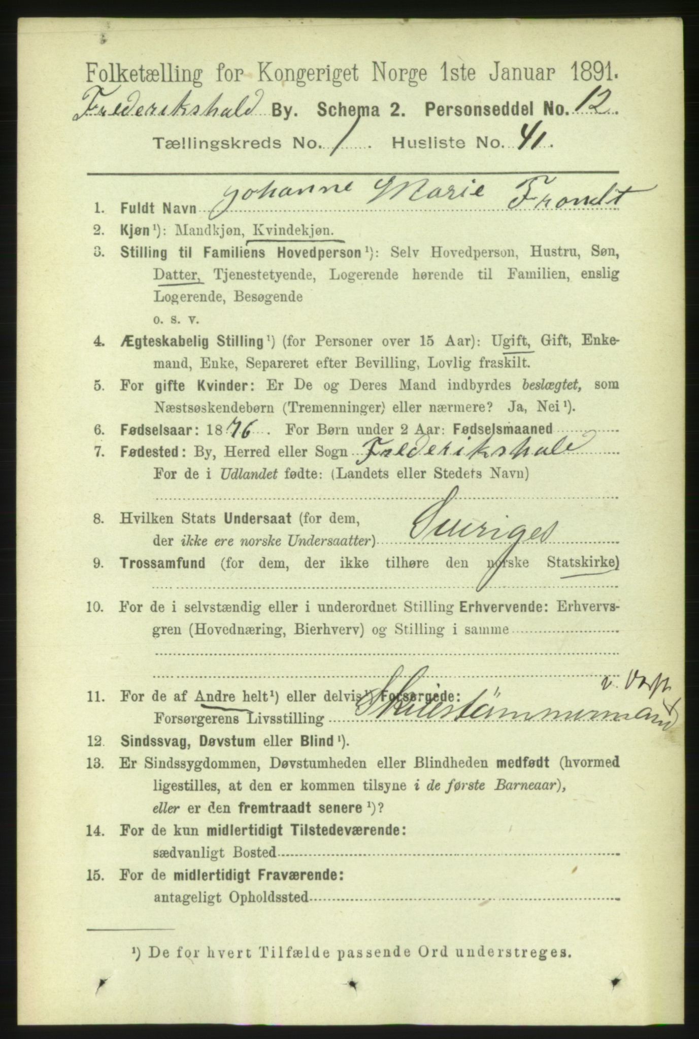RA, 1891 census for 0101 Fredrikshald, 1891, p. 2333