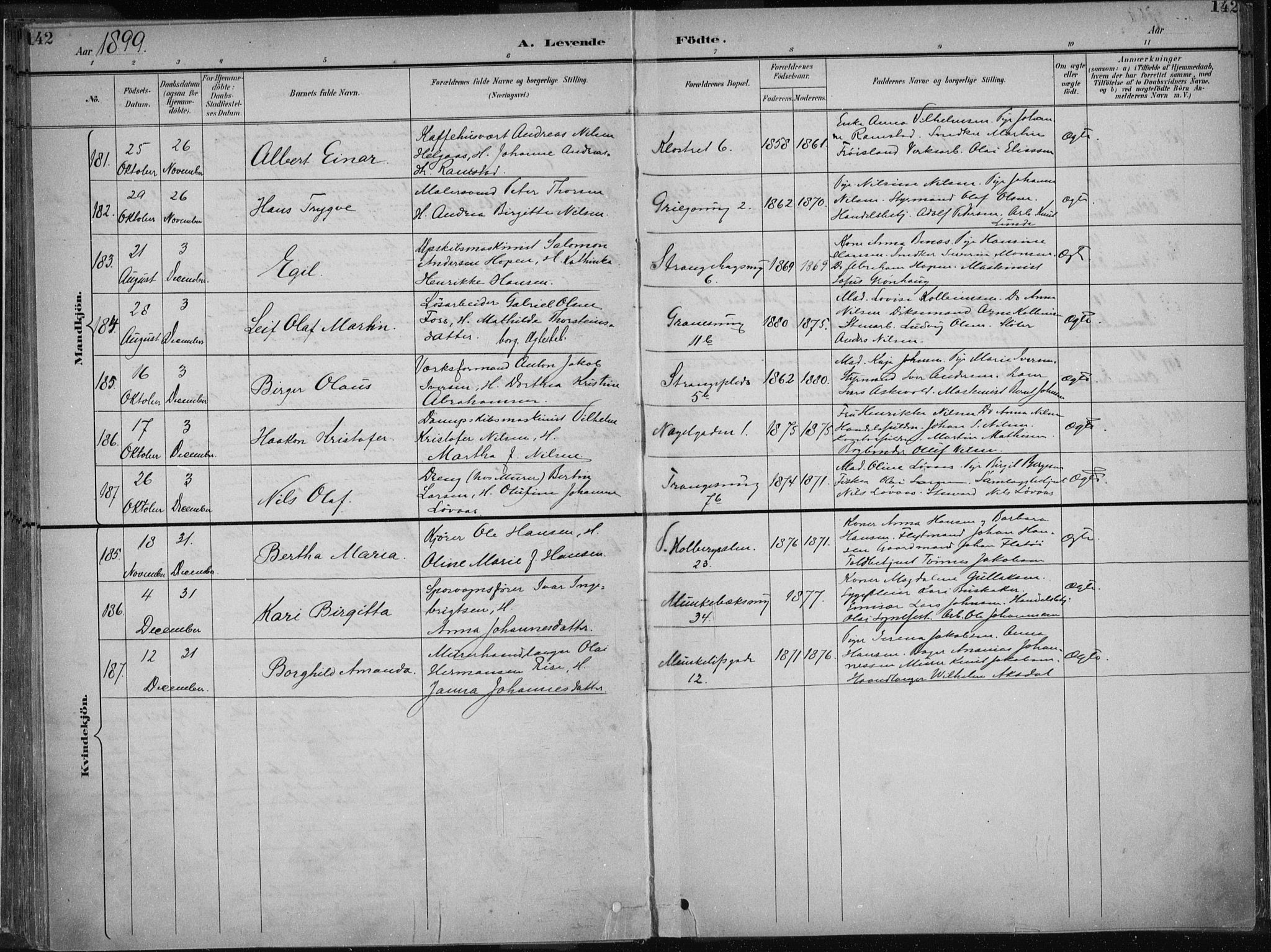 Nykirken Sokneprestembete, AV/SAB-A-77101/H/Haa/L0018: Parish register (official) no. B 6, 1895-1903, p. 142