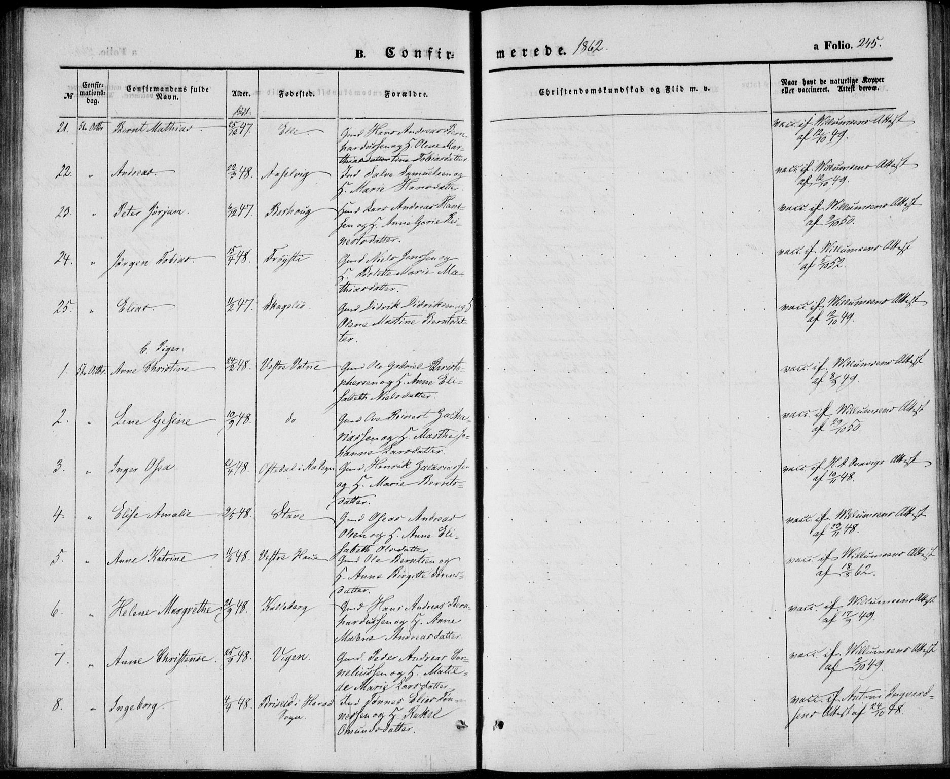 Lista sokneprestkontor, AV/SAK-1111-0027/F/Fb/L0002: Parish register (copy) no. B 2, 1847-1862, p. 245