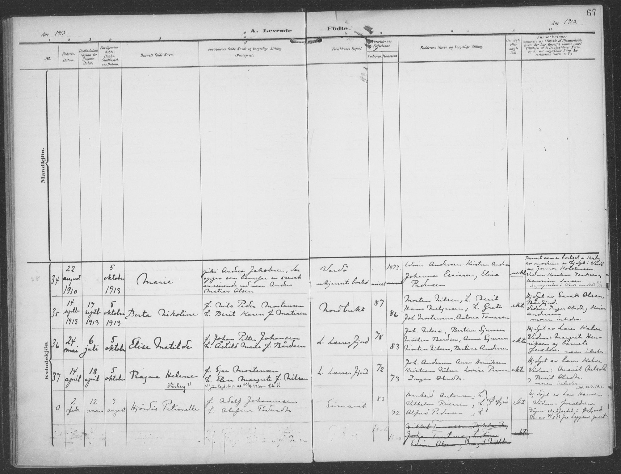 Talvik sokneprestkontor, AV/SATØ-S-1337/H/Ha/L0017kirke: Parish register (official) no. 17, 1906-1915, p. 67