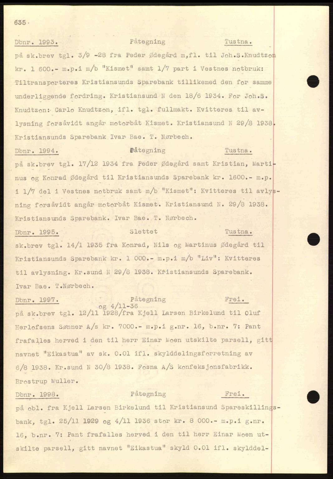 Nordmøre sorenskriveri, AV/SAT-A-4132/1/2/2Ca: Mortgage book no. C80, 1936-1939, Diary no: : 1993/1938