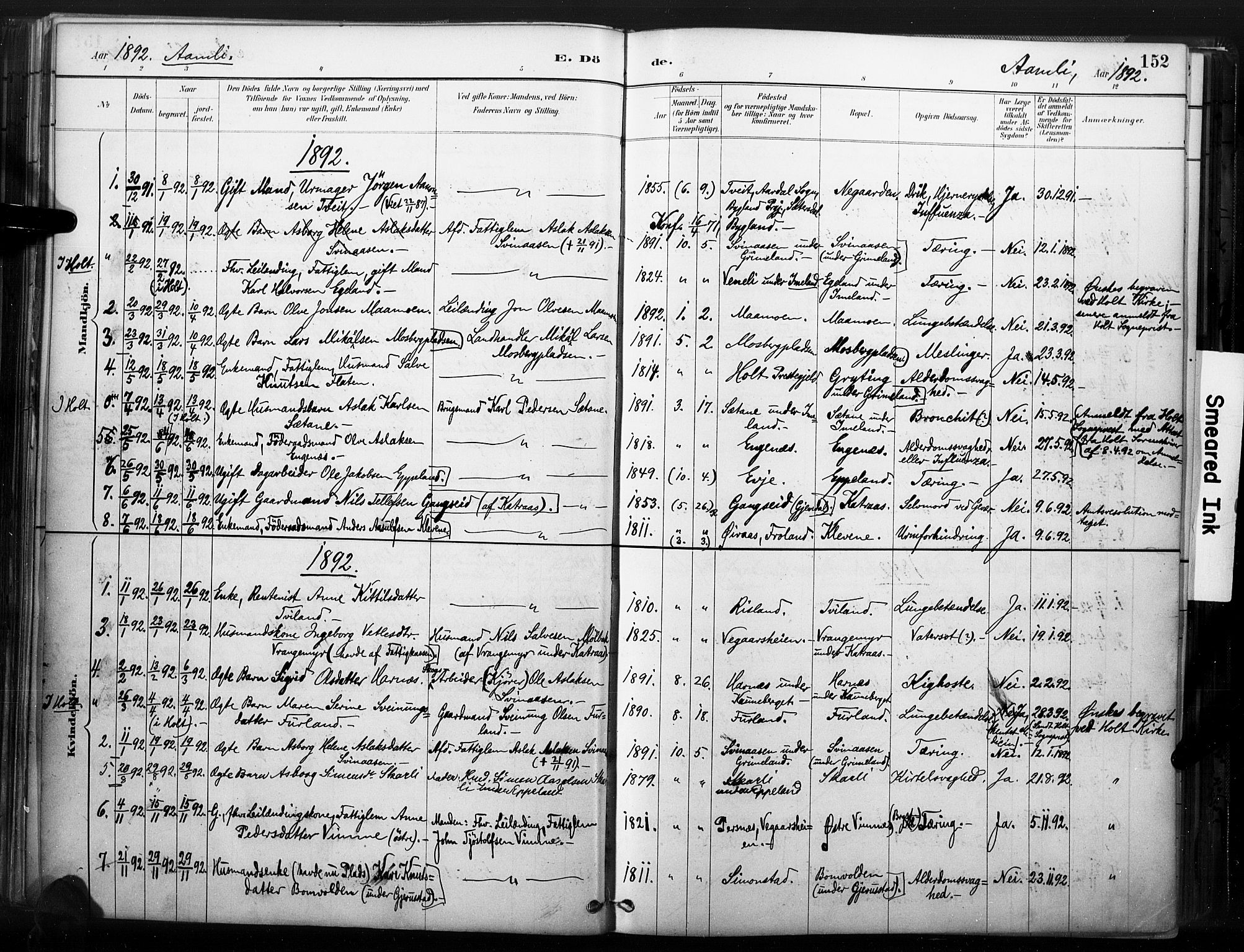 Åmli sokneprestkontor, AV/SAK-1111-0050/F/Fa/Fac/L0010: Parish register (official) no. A 10 /1, 1885-1899, p. 152