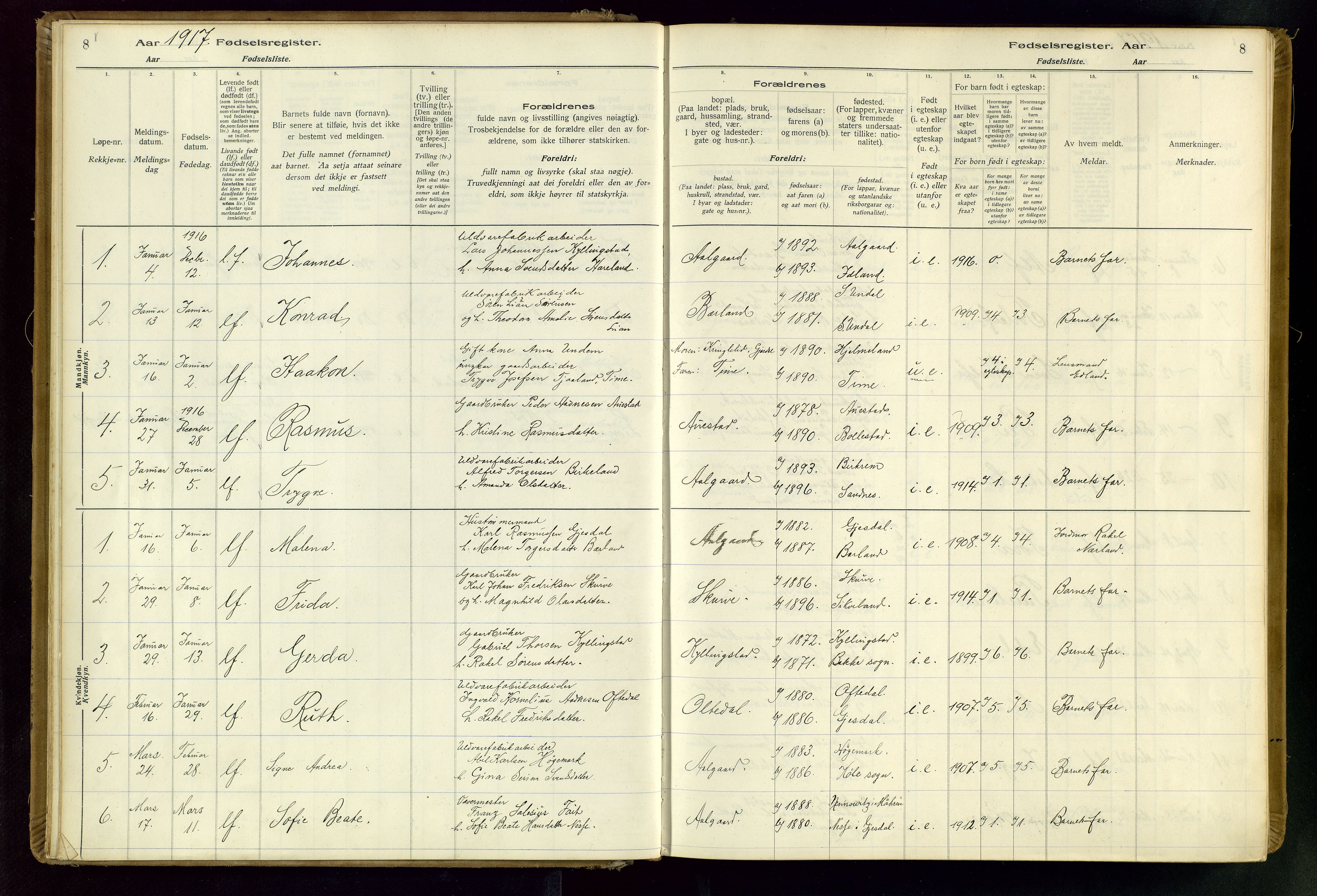 Gjesdal sokneprestkontor, SAST/A-101796/002/O/L0001: Birth register no. 1, 1916-1949, p. 8