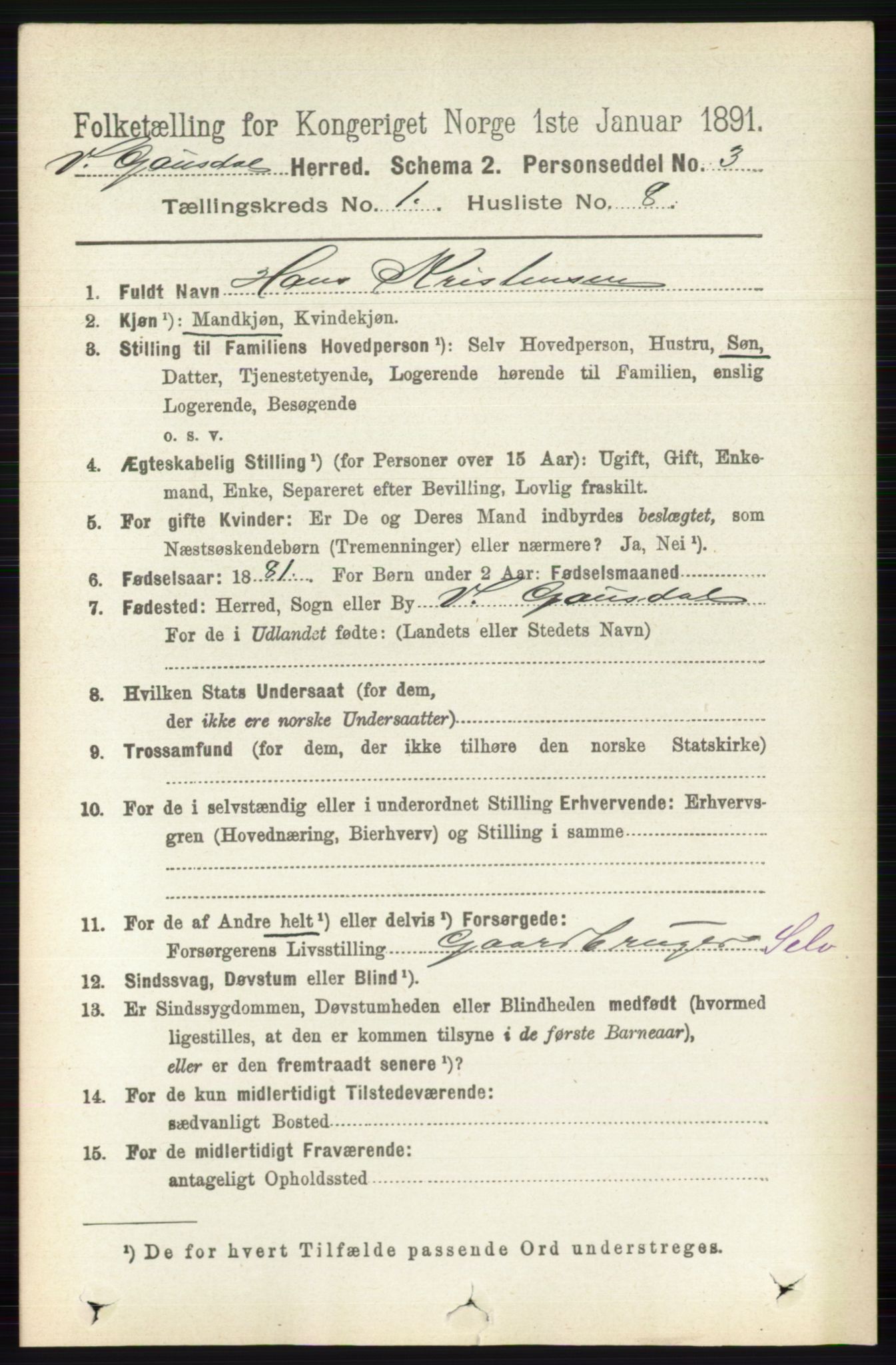 RA, 1891 census for 0523 Vestre Gausdal, 1891, p. 114