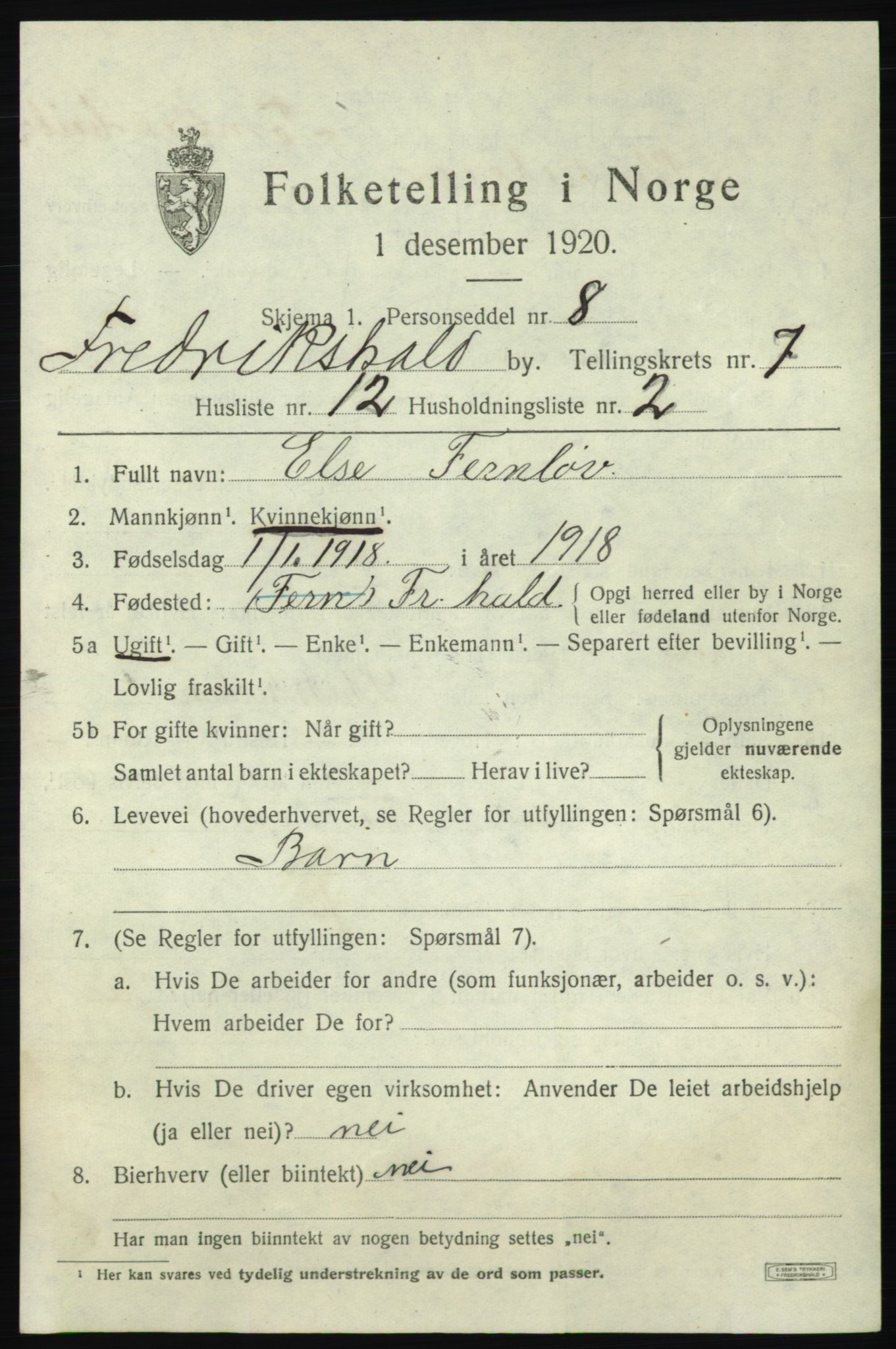 SAO, 1920 census for Fredrikshald, 1920, p. 14050