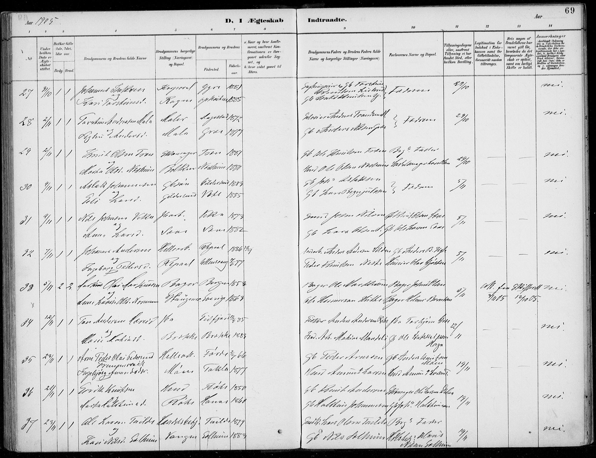 Voss sokneprestembete, AV/SAB-A-79001/H/Haa: Parish register (official) no. C  1, 1887-1915, p. 69