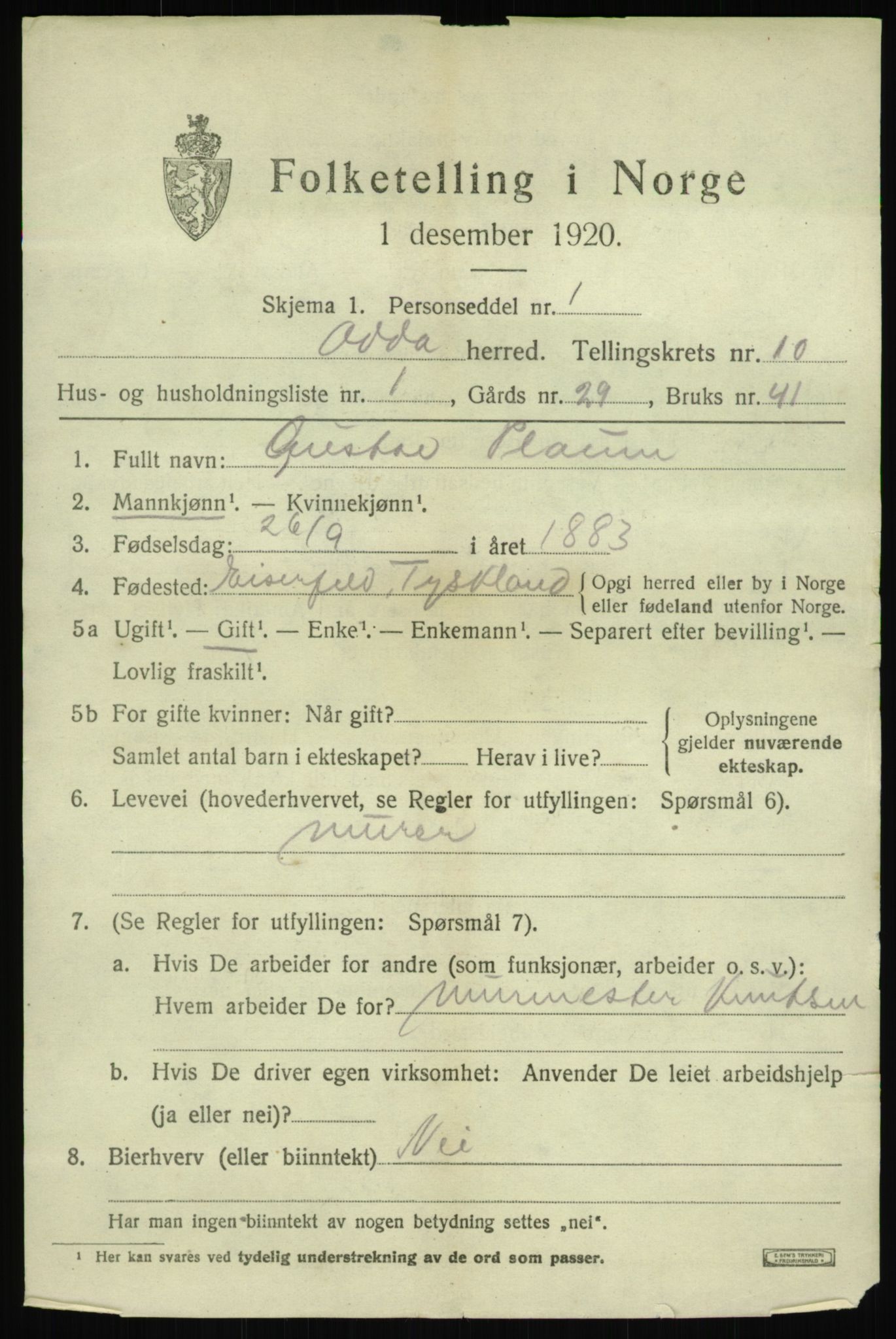 SAB, 1920 census for Odda, 1920, p. 9423