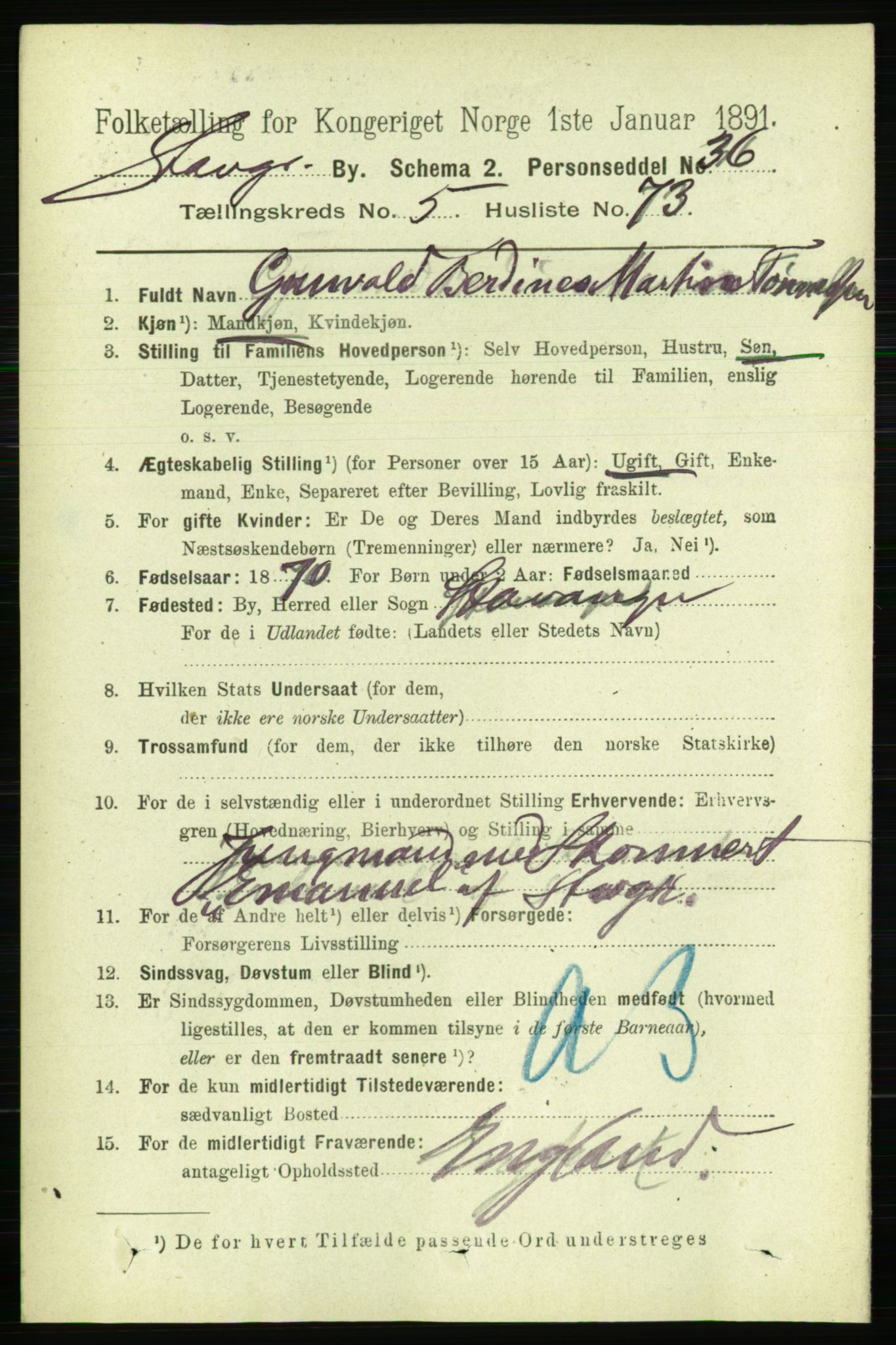 RA, 1891 census for 1103 Stavanger, 1891, p. 9738