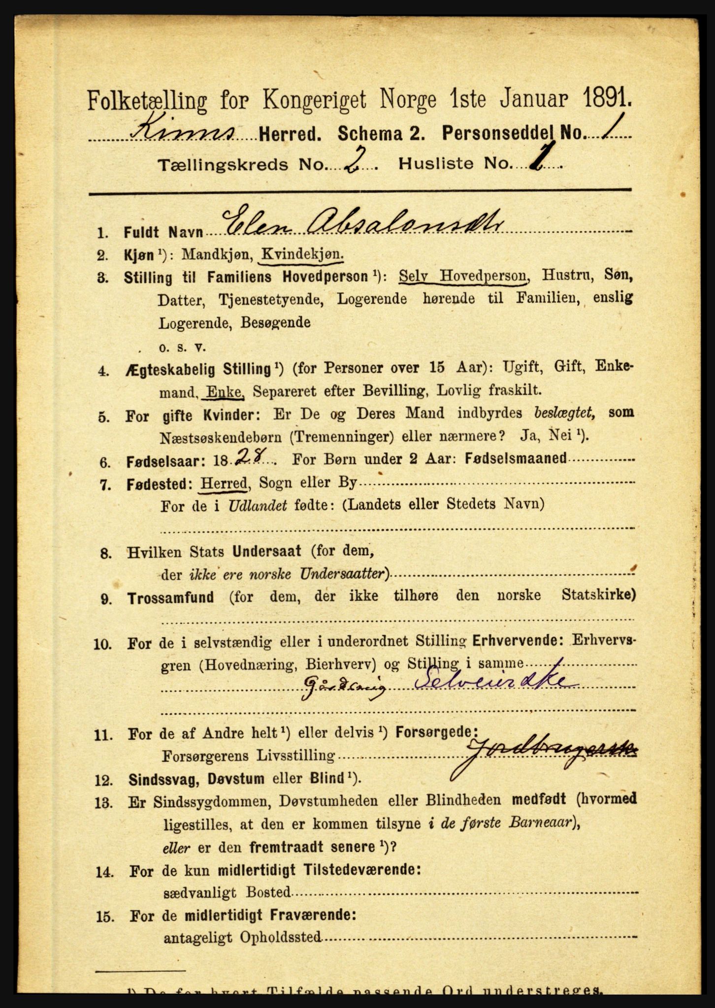 RA, 1891 census for 1437 Kinn, 1891, p. 536