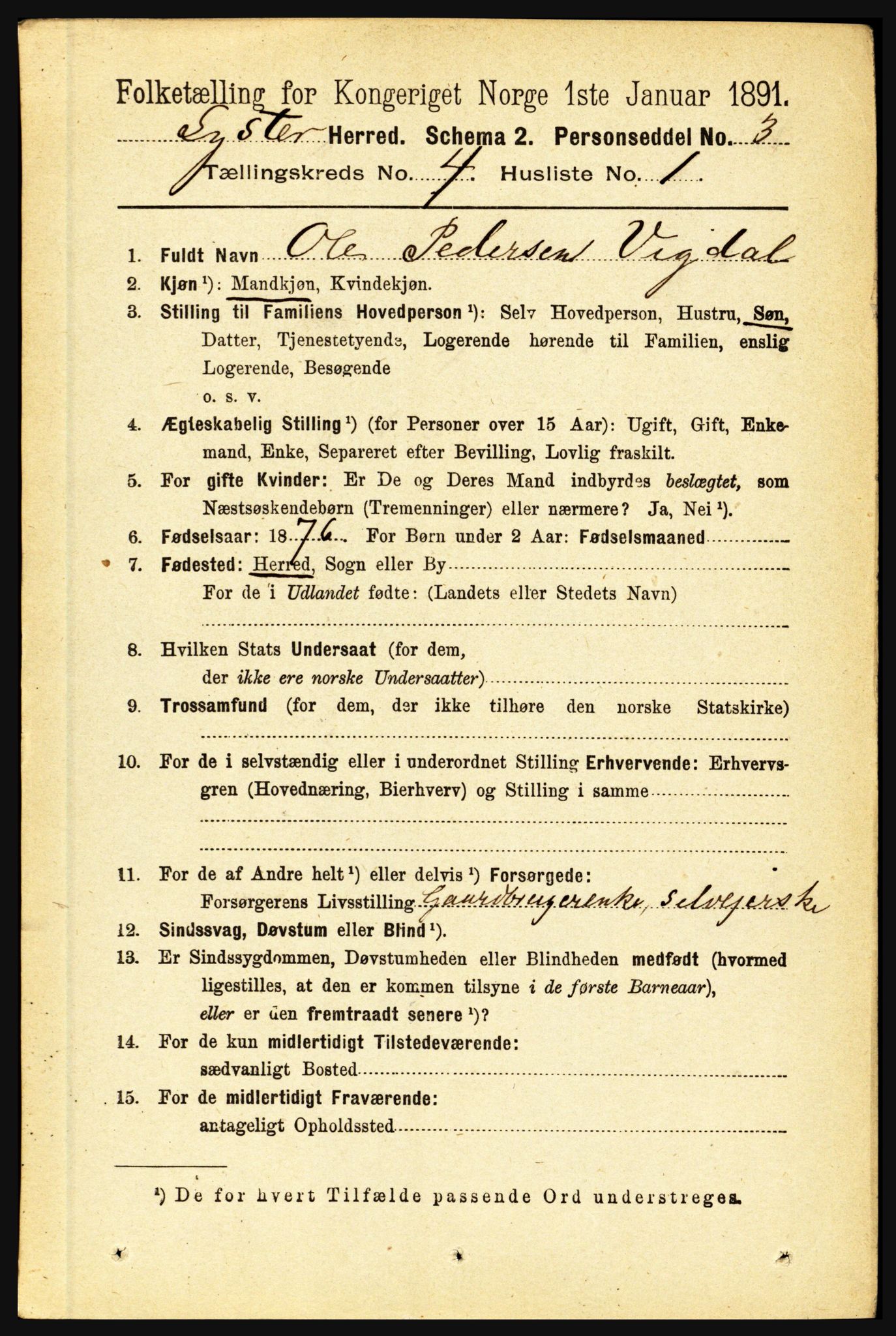 RA, 1891 census for 1426 Luster, 1891, p. 1421