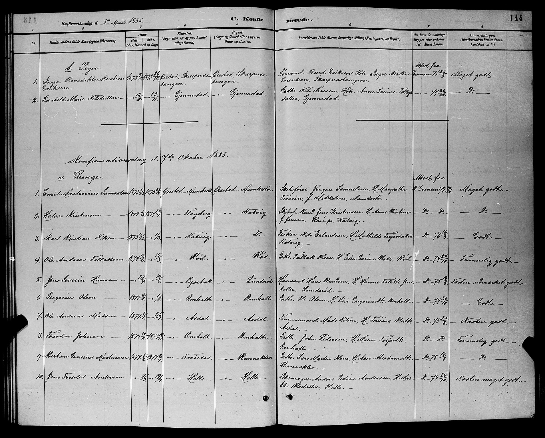 Øyestad sokneprestkontor, AV/SAK-1111-0049/F/Fb/L0009: Parish register (copy) no. B 9, 1886-1896, p. 144