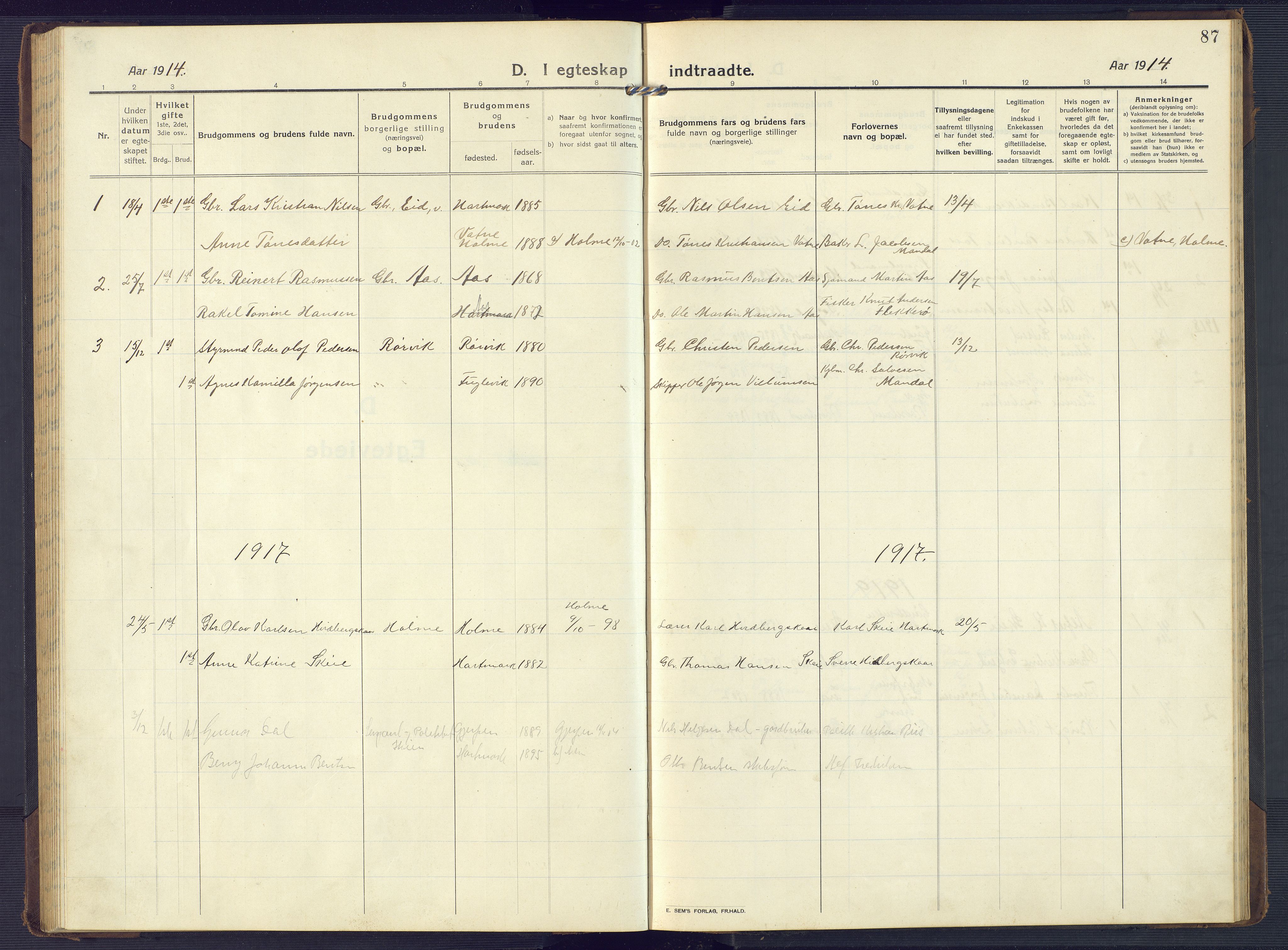 Mandal sokneprestkontor, SAK/1111-0030/F/Fb/Fbb/L0005: Parish register (copy) no. B 5, 1913-1957, p. 87