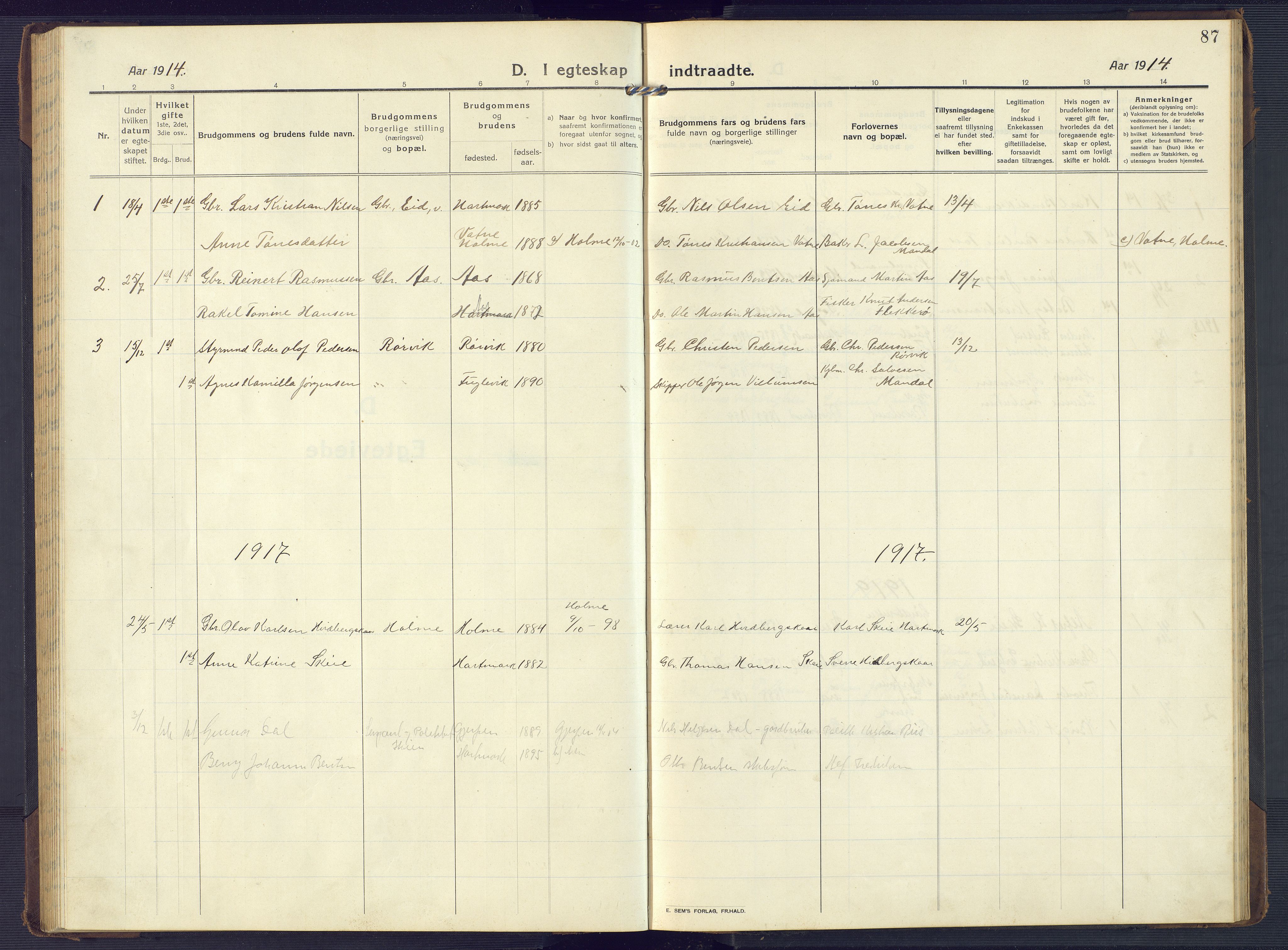 Mandal sokneprestkontor, AV/SAK-1111-0030/F/Fb/Fbb/L0005: Parish register (copy) no. B 5, 1913-1957, p. 87