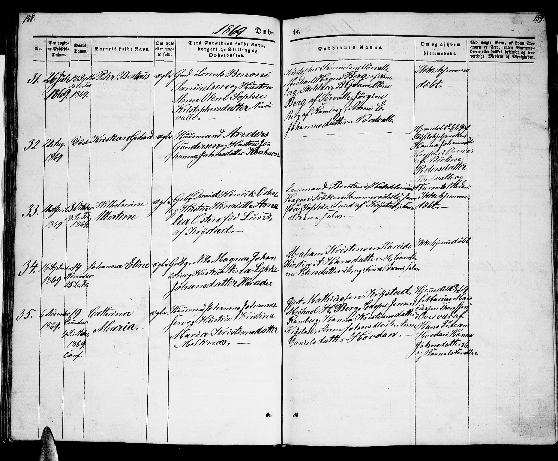 Ministerialprotokoller, klokkerbøker og fødselsregistre - Nordland, AV/SAT-A-1459/885/L1212: Parish register (copy) no. 885C01, 1847-1873, p. 158-159