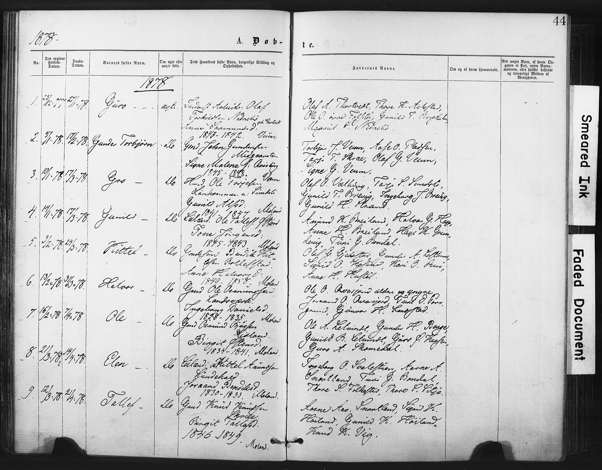 Fyresdal kirkebøker, SAKO/A-263/F/Fa/L0006: Parish register (official) no. I 6, 1872-1886, p. 44