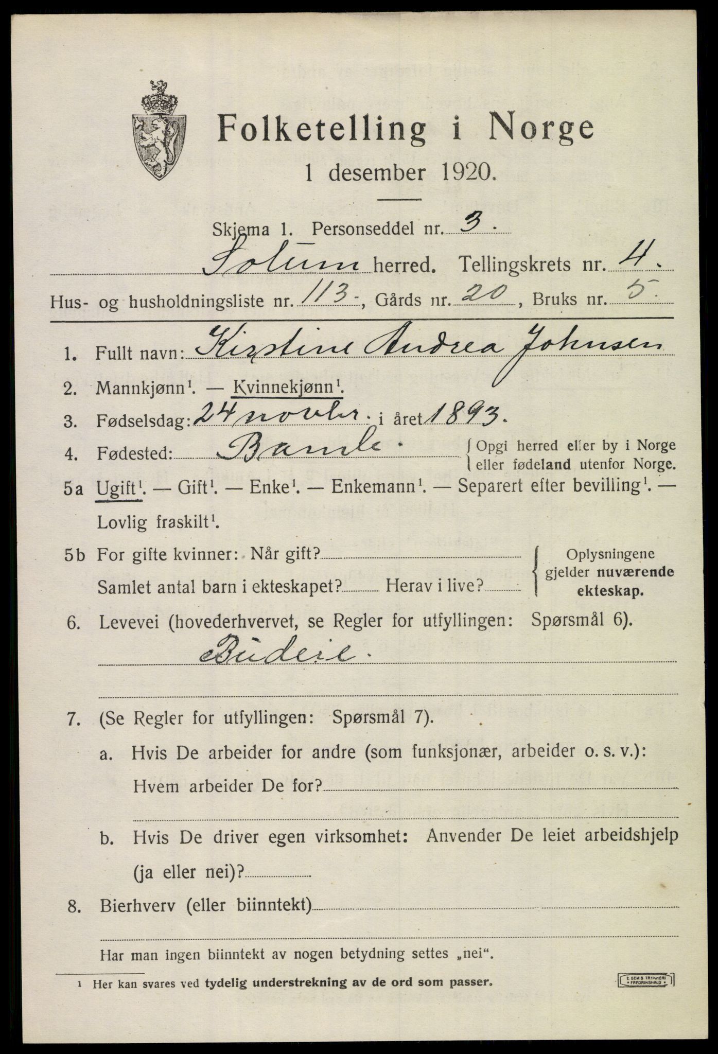 SAKO, 1920 census for Solum, 1920, p. 10694