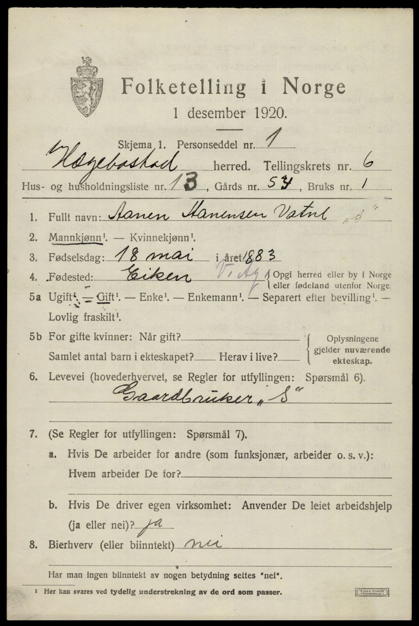 SAK, 1920 census for Hægebostad, 1920, p. 2087