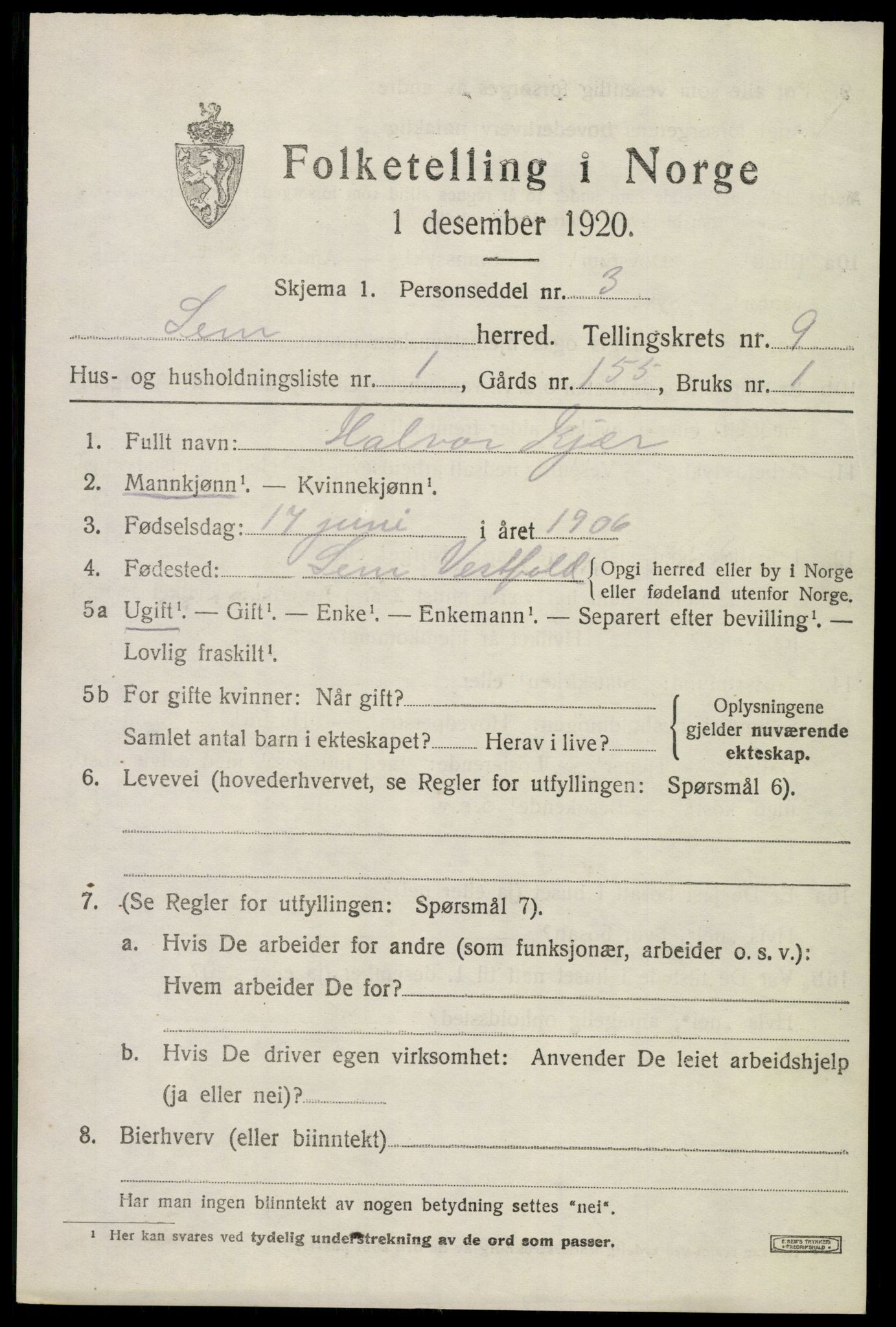 SAKO, 1920 census for Sem, 1920, p. 12565