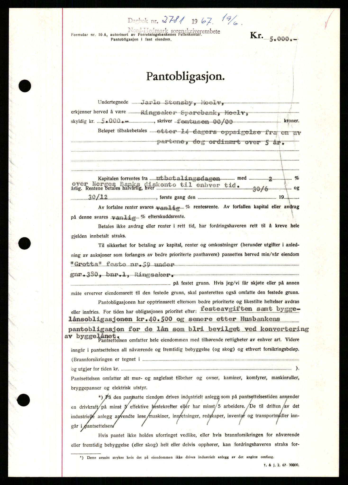Nord-Hedmark sorenskriveri, SAH/TING-012/H/Hb/Hbf/L0071: Mortgage book no. B71, 1967-1967, Diary no: : 2781/1967