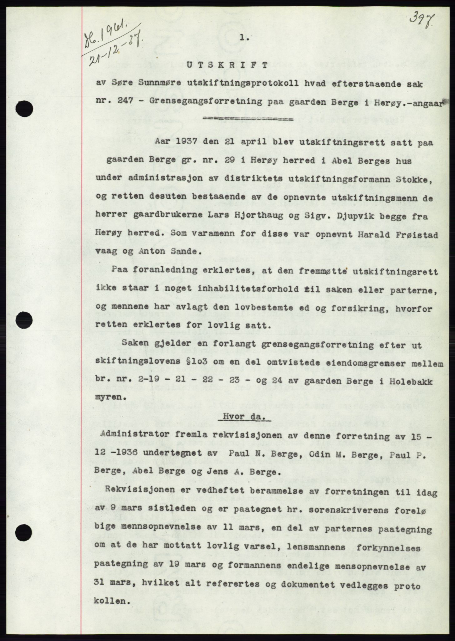 Søre Sunnmøre sorenskriveri, AV/SAT-A-4122/1/2/2C/L0064: Mortgage book no. 58, 1937-1938, Diary no: : 1961/1937