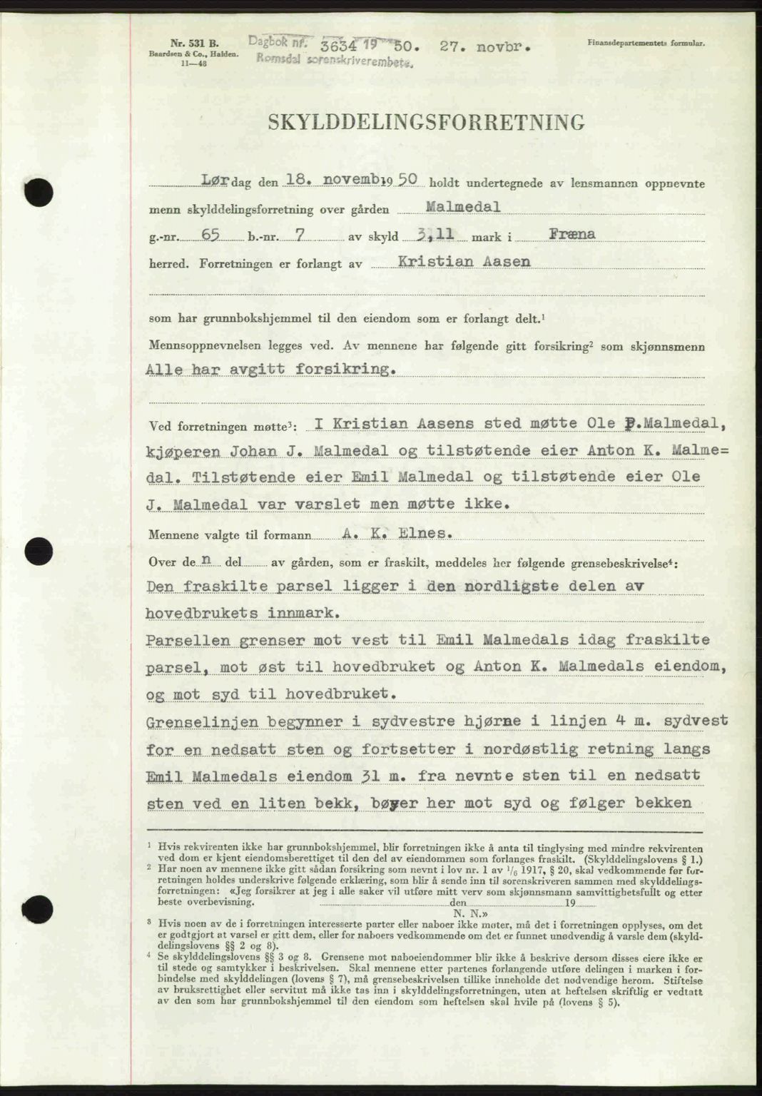 Romsdal sorenskriveri, AV/SAT-A-4149/1/2/2C: Mortgage book no. A34, 1950-1950, Diary no: : 3634/1950