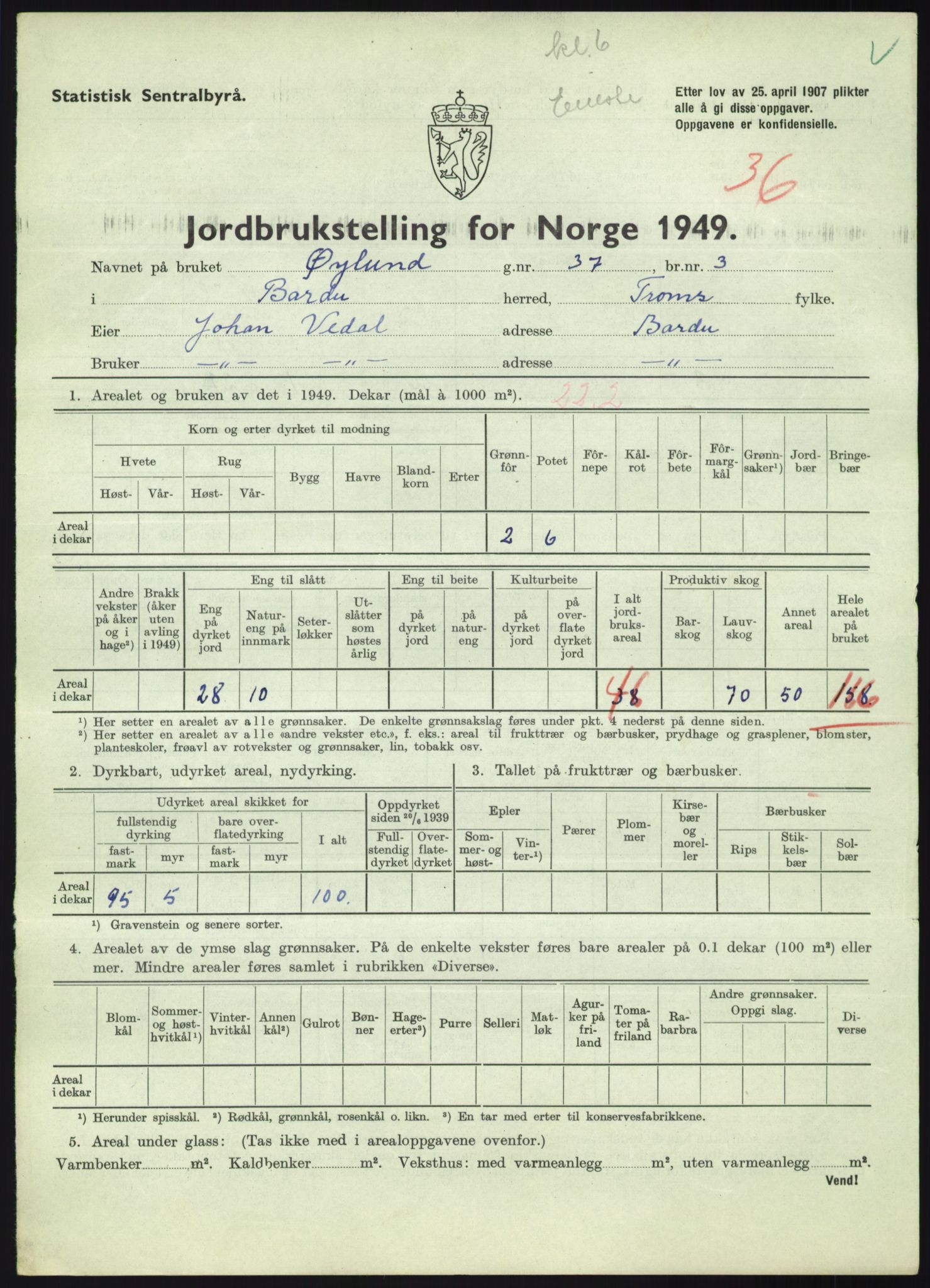 Statistisk sentralbyrå, Næringsøkonomiske emner, Jordbruk, skogbruk, jakt, fiske og fangst, AV/RA-S-2234/G/Gc/L0438: Troms: Salangen og Bardu, 1949, p. 1163