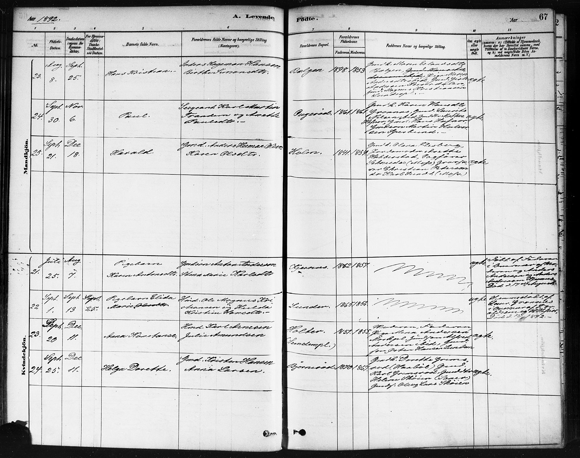 Våler prestekontor Kirkebøker, AV/SAO-A-11083/F/Fa/L0010: Parish register (official) no. I 10, 1878-1896, p. 67