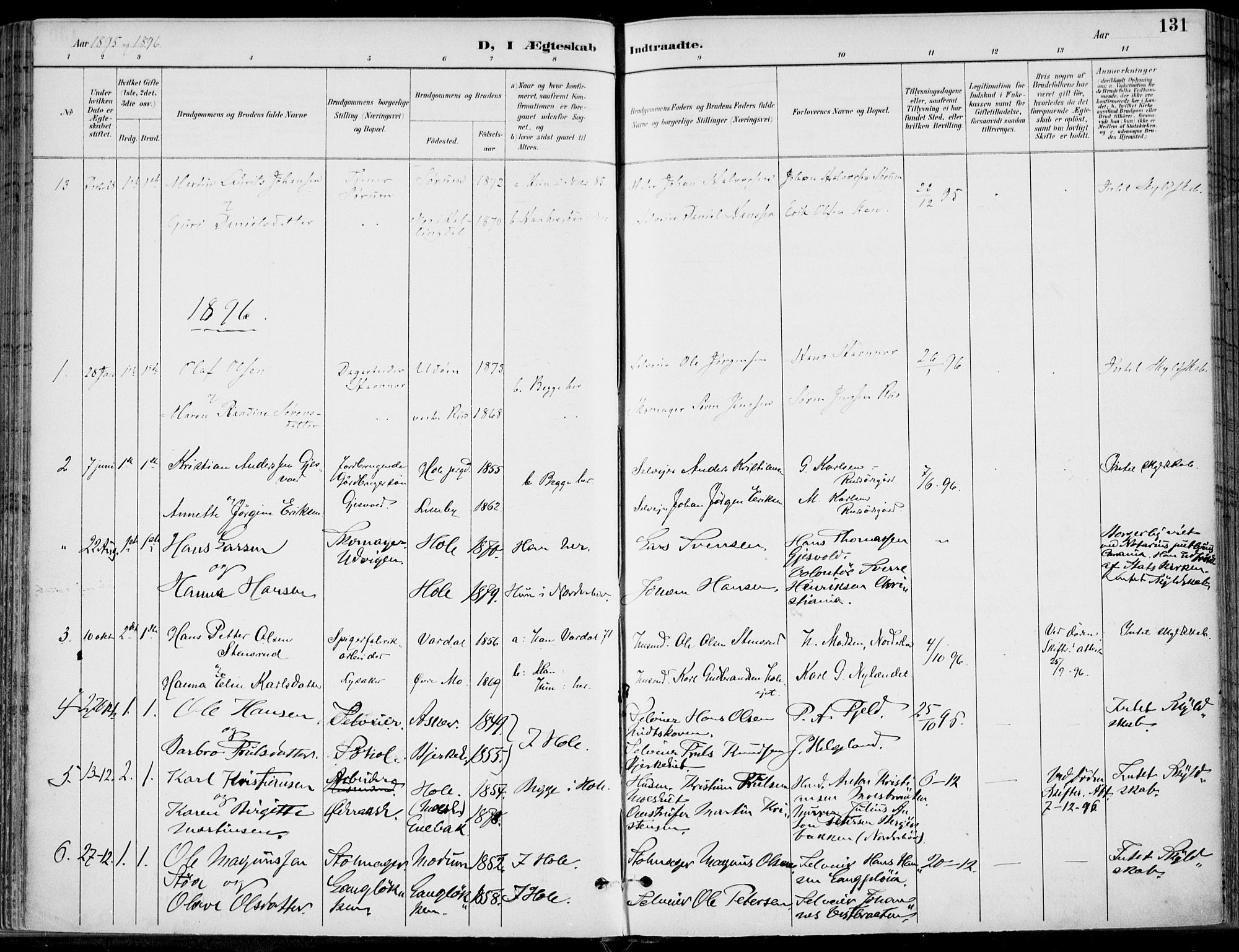 Hole kirkebøker, SAKO/A-228/F/Fa/L0009: Parish register (official) no. I 9, 1892-1907, p. 131