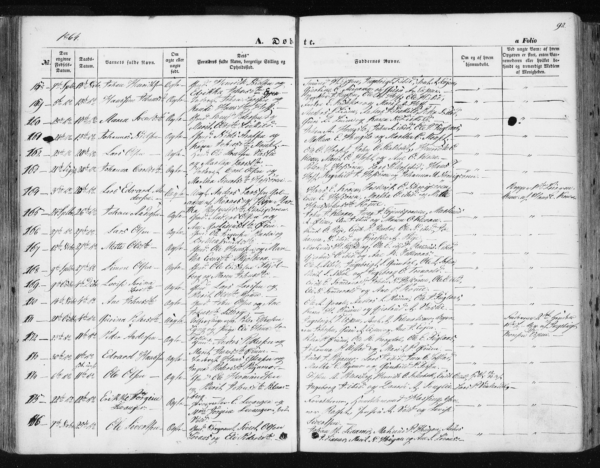 Ministerialprotokoller, klokkerbøker og fødselsregistre - Sør-Trøndelag, SAT/A-1456/668/L0806: Parish register (official) no. 668A06, 1854-1869, p. 92