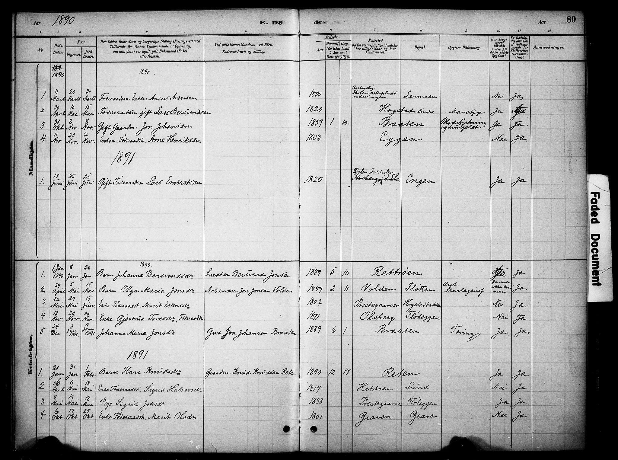 Tynset prestekontor, SAH/PREST-058/H/Ha/Haa/L0023: Parish register (official) no. 23, 1880-1901, p. 89