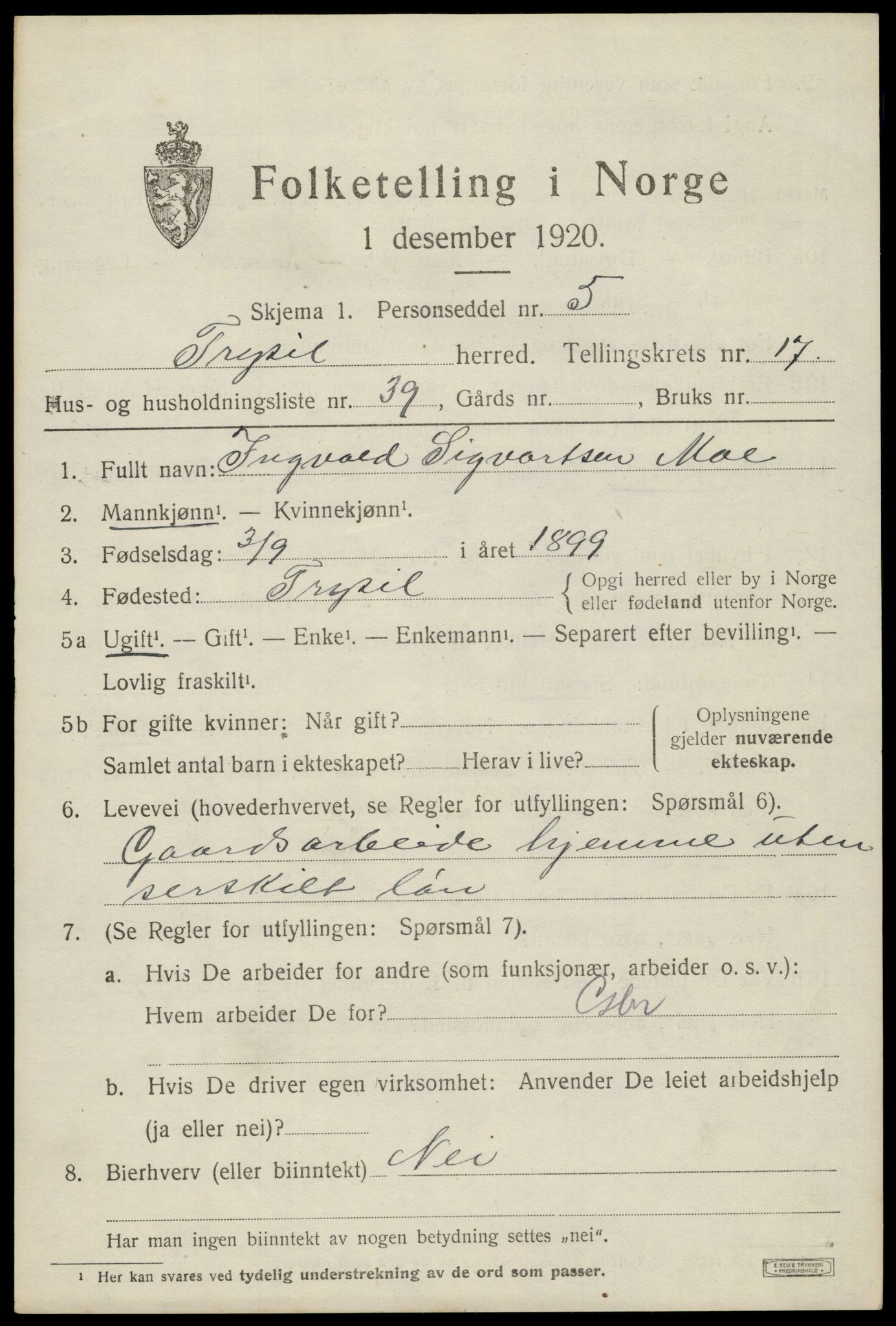 SAH, 1920 census for Trysil, 1920, p. 10657