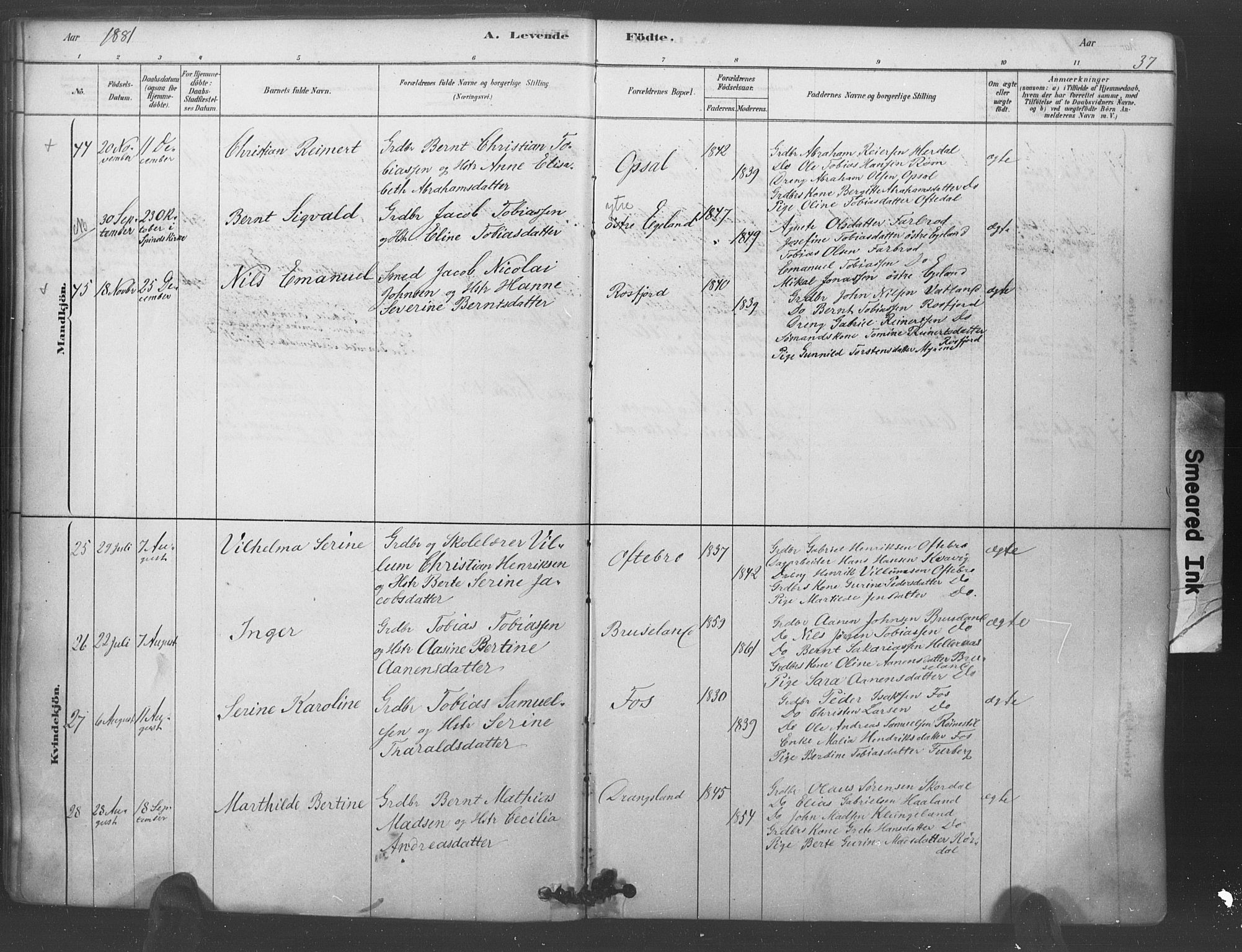 Lyngdal sokneprestkontor, AV/SAK-1111-0029/F/Fa/Fac/L0011: Parish register (official) no. A 11, 1878-1893, p. 37