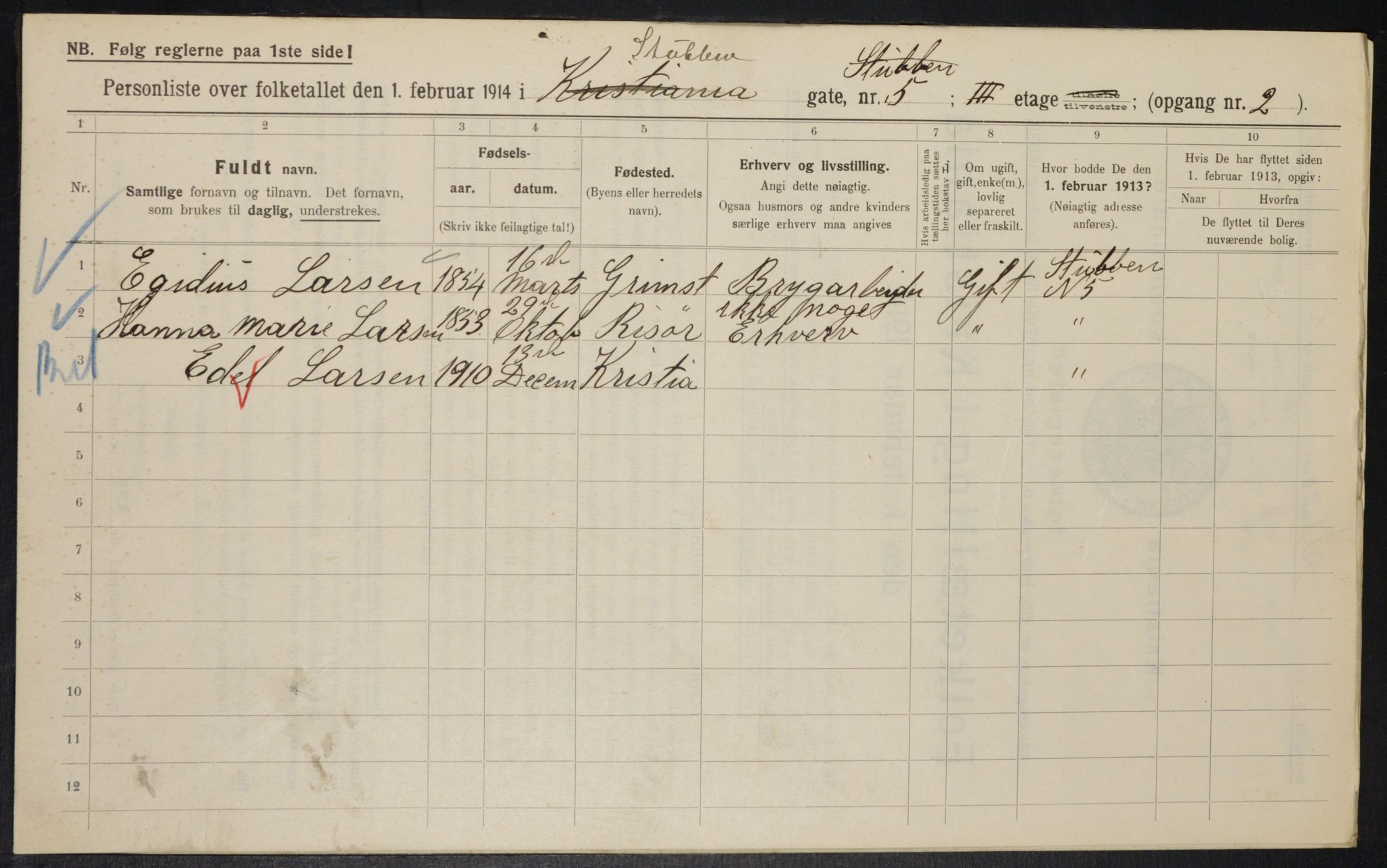 OBA, Municipal Census 1914 for Kristiania, 1914, p. 105195