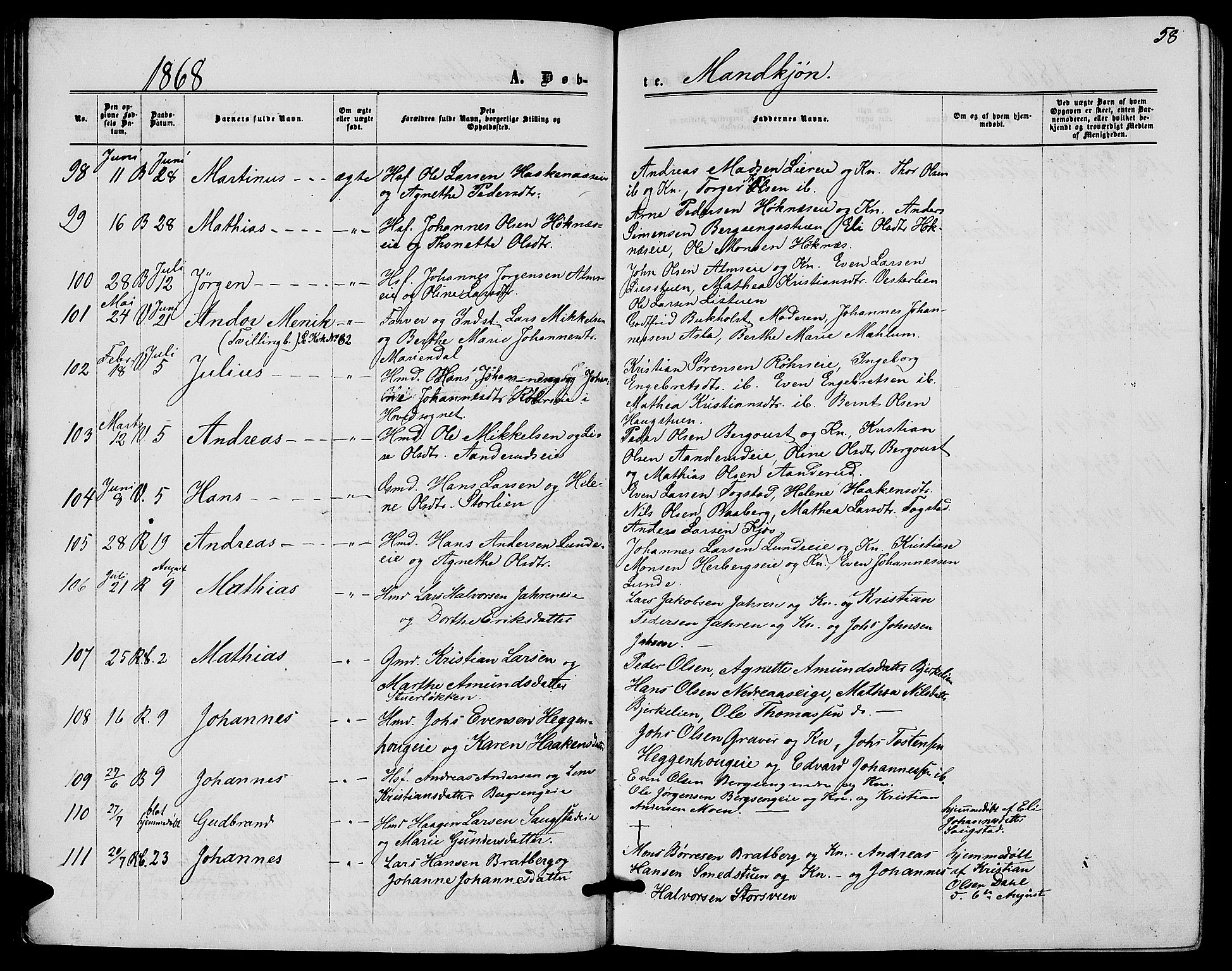 Ringsaker prestekontor, AV/SAH-PREST-014/L/La/L0007: Parish register (copy) no. 7, 1861-1869, p. 58