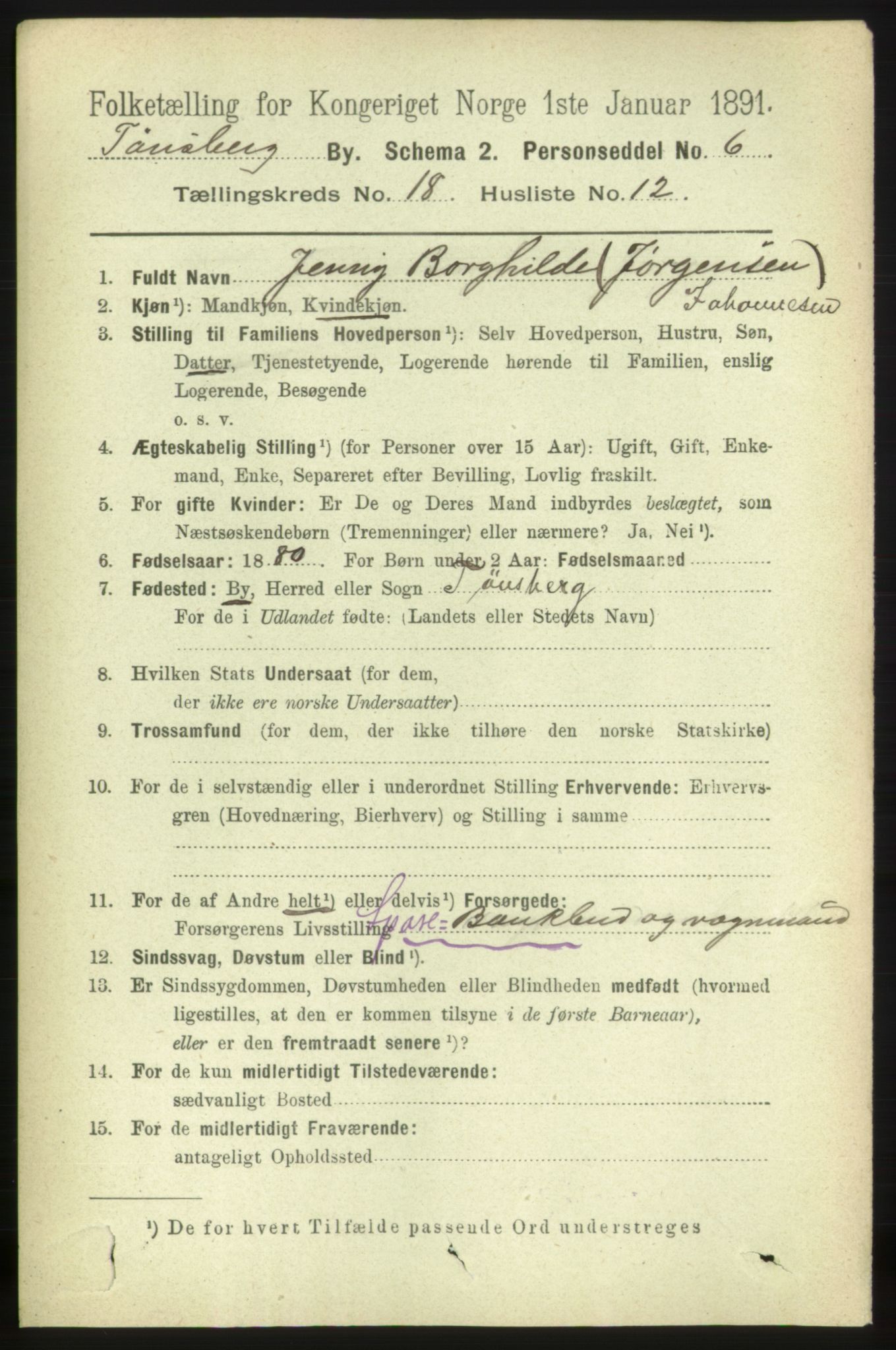 RA, 1891 census for 0705 Tønsberg, 1891, p. 5213