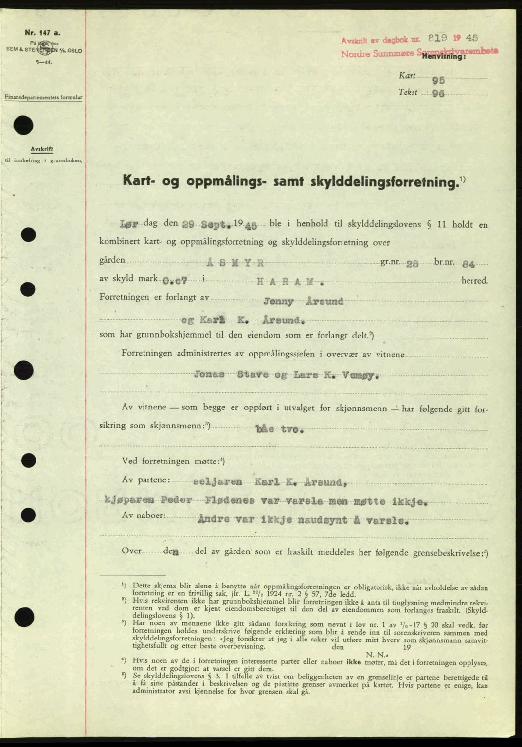 Nordre Sunnmøre sorenskriveri, AV/SAT-A-0006/1/2/2C/2Ca: Mortgage book no. A20a, 1945-1945, Diary no: : 819/1945